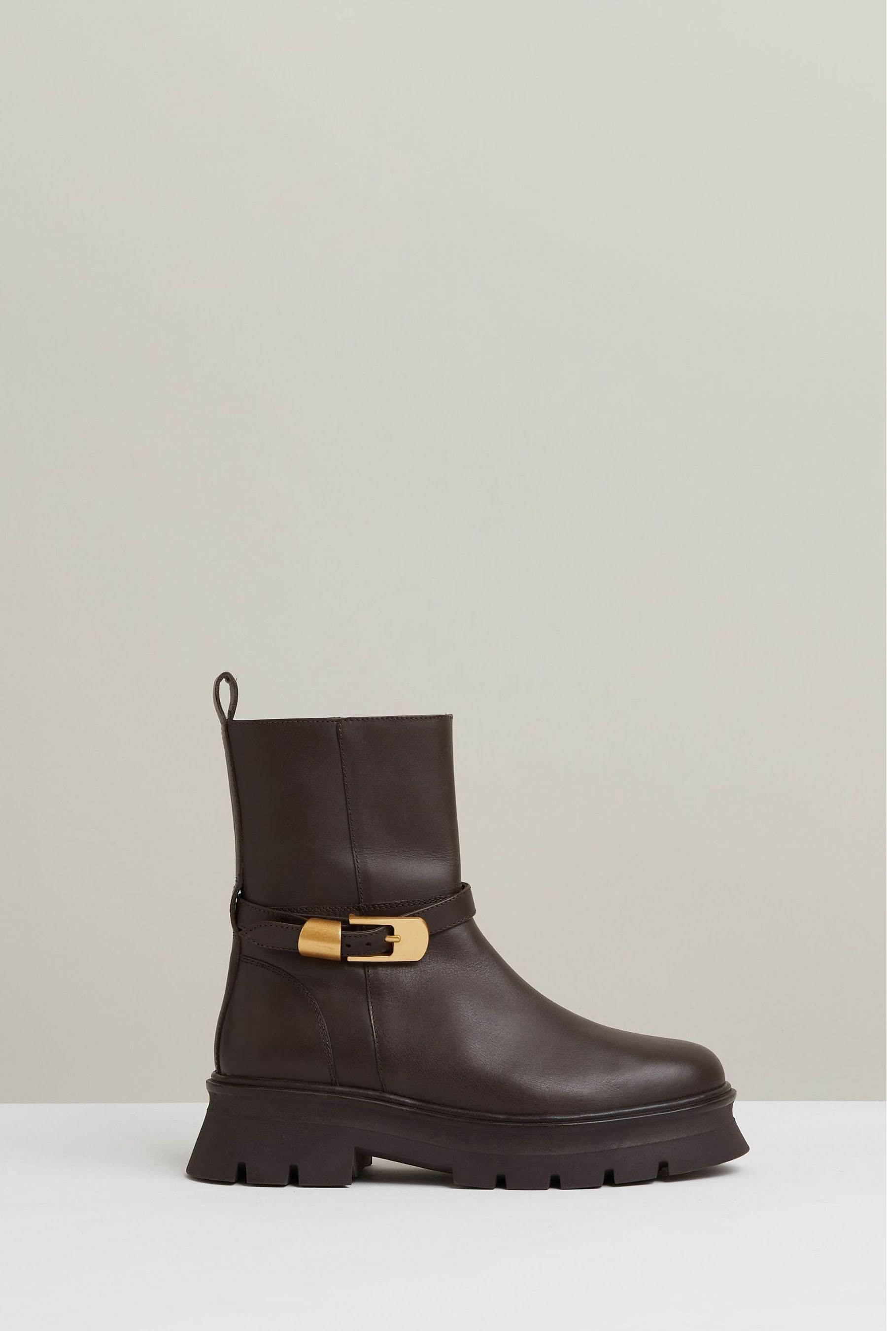 Reiss Chocolate Leather Cleated Ankle Boots, 5