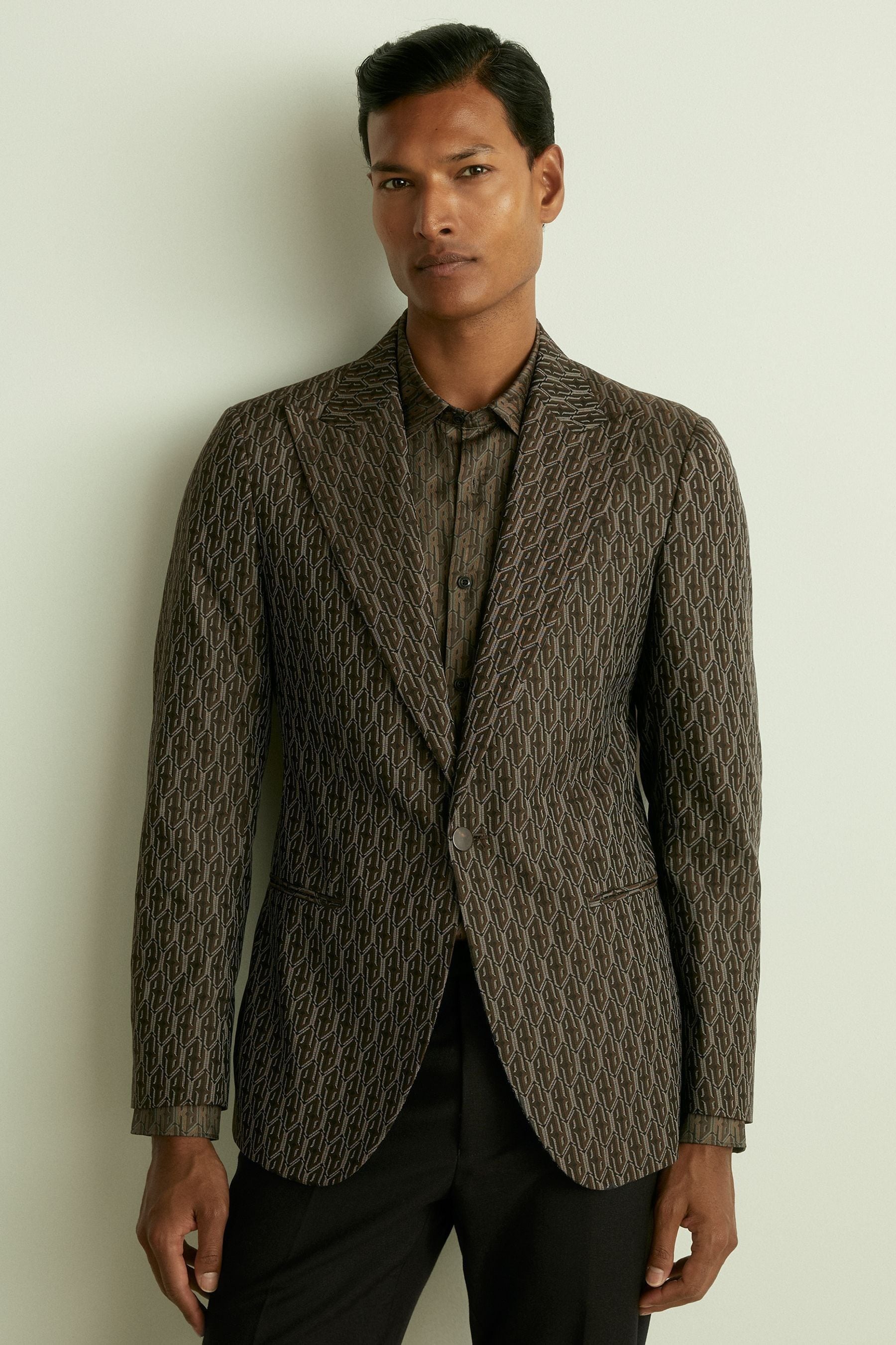 Reiss Chocolate Brown Monogram-Jacquard Twill Blazer, 36