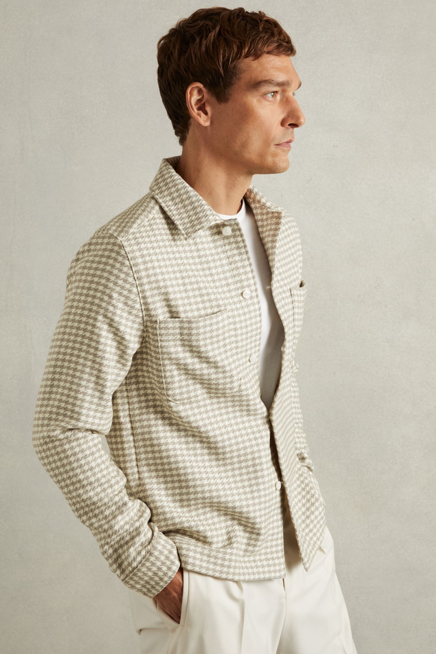Reiss Grey/white Dogtooth Twill Overshirt In Grey/white