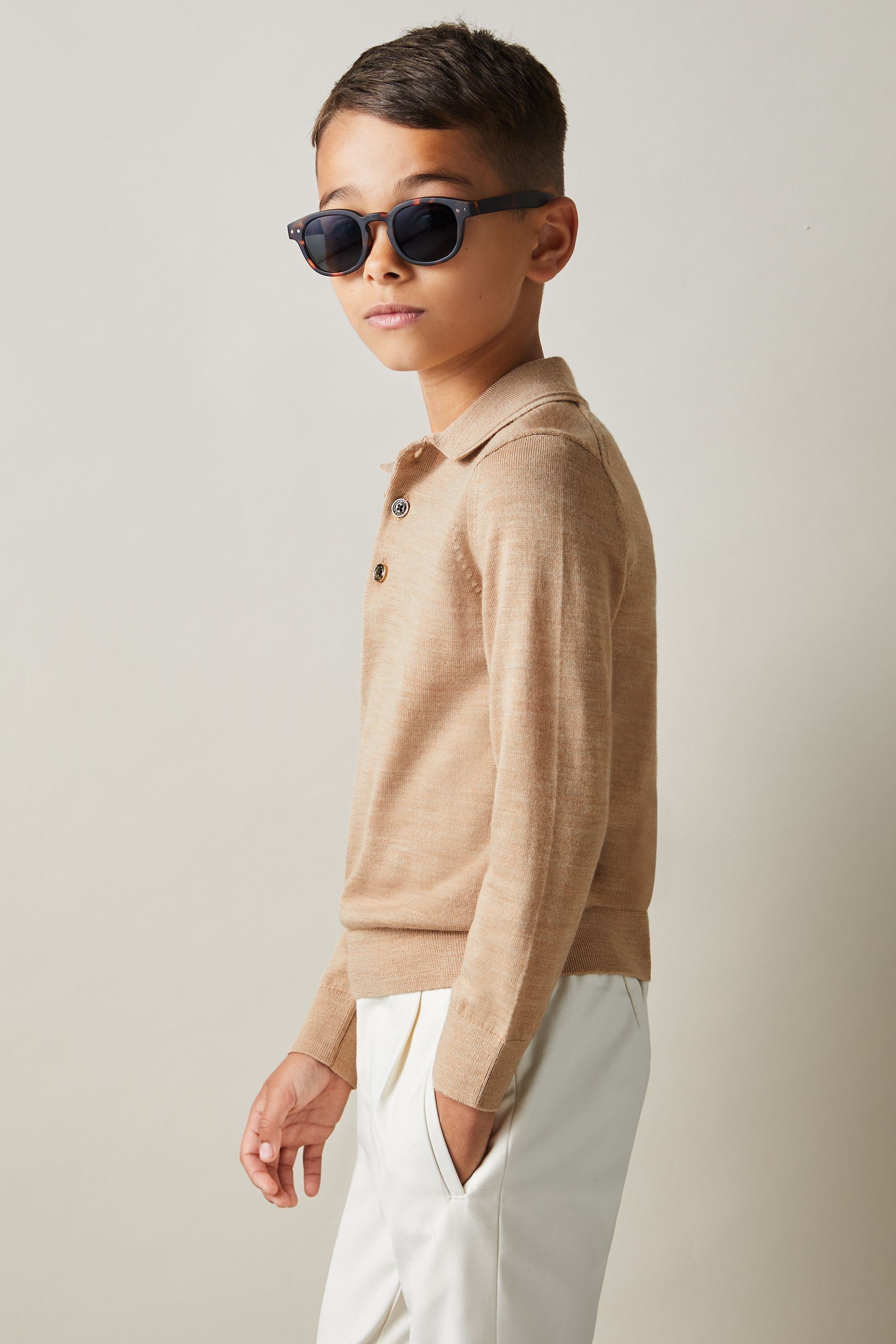 Reiss Camel Melange 9-14 Yrs Merino Wool Polo Shirt In Camel Melange