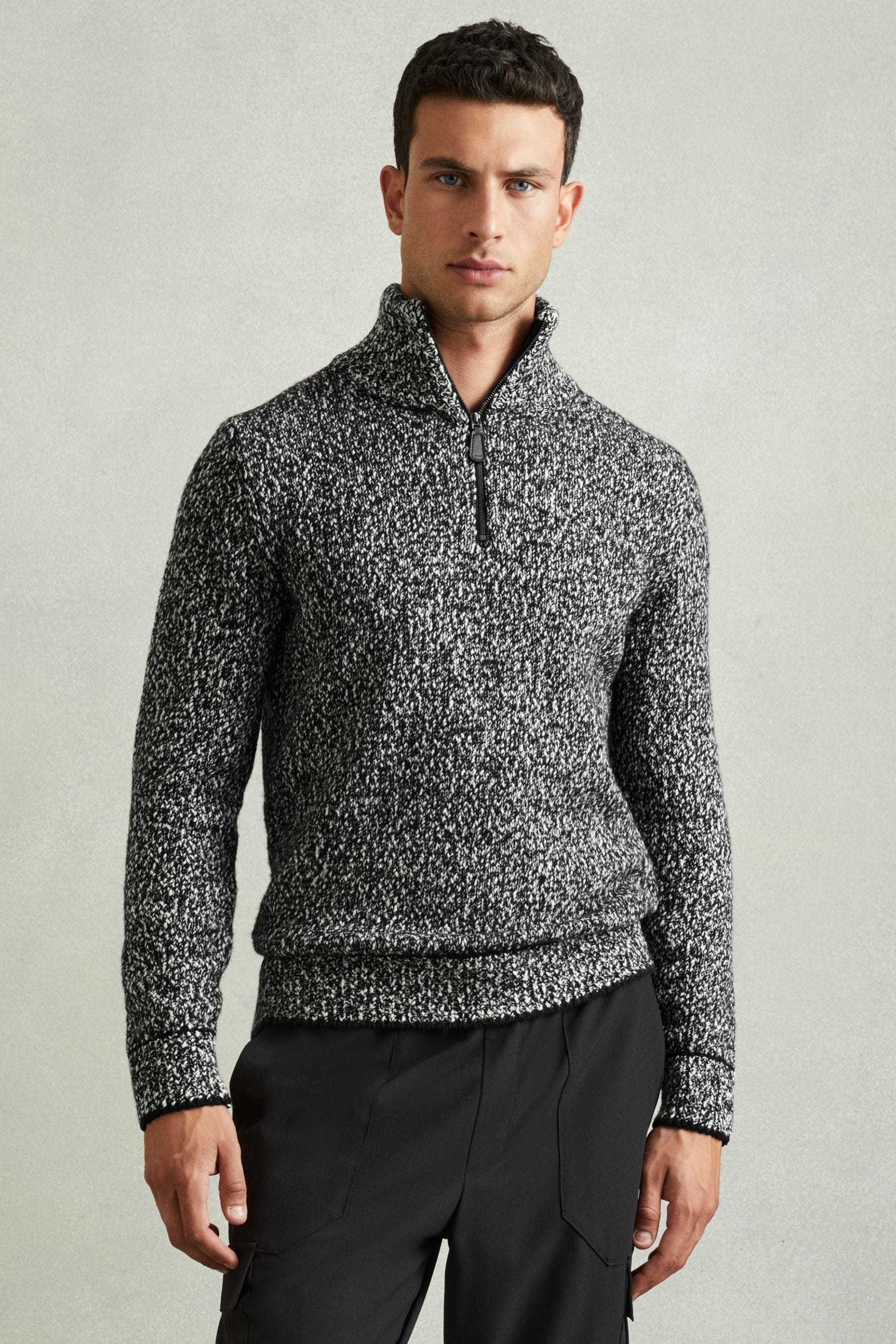 Reiss Black & white Marled Cotton and Wool Funnel-neck Jumper, XS