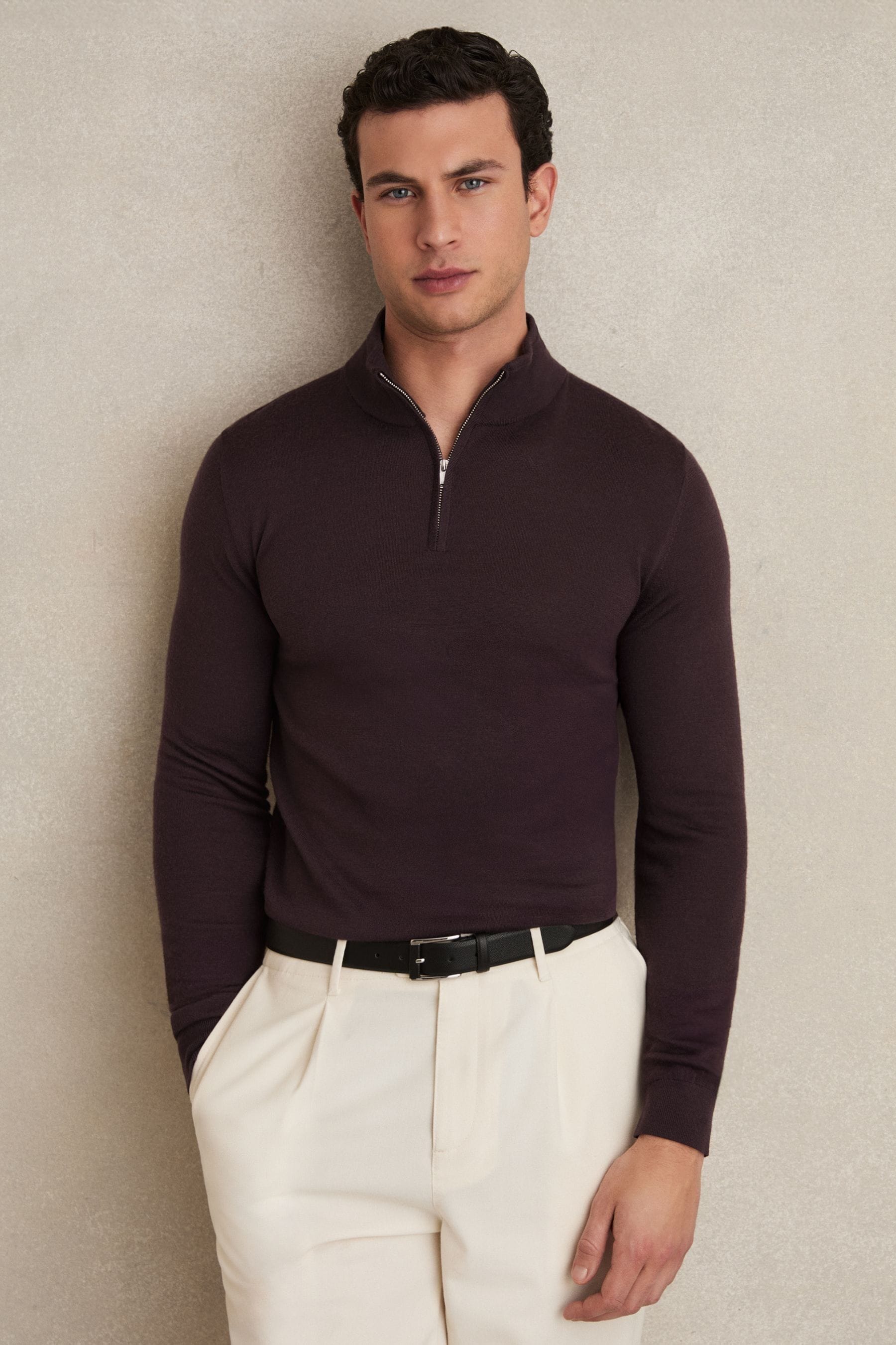 Reiss Dark Bordeaux Merino Wool Half-zip Funnel Neck Jumper, L