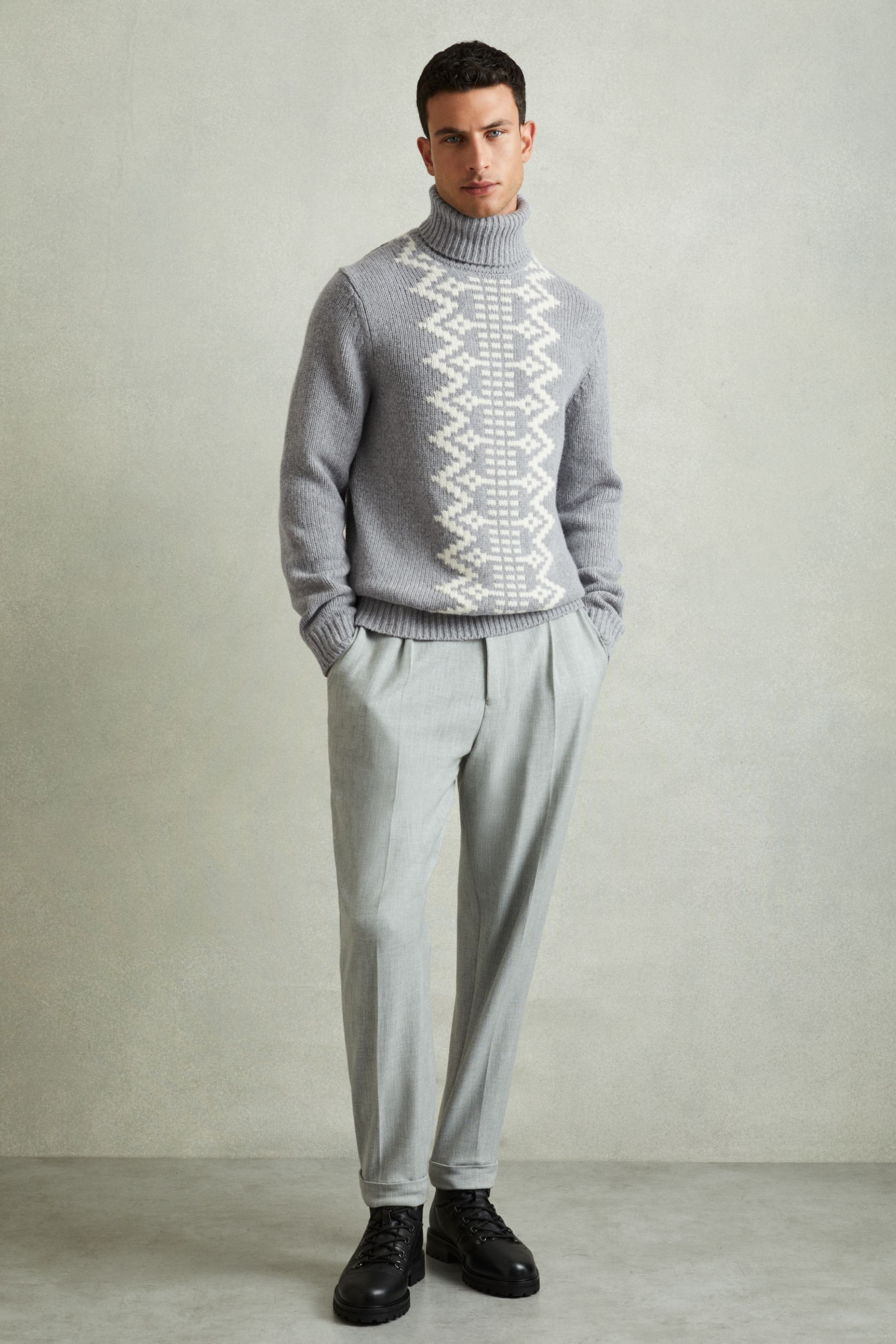 Reiss Denvar Grey Wool-blend Roll-neck Jumper, Xxl, Grey & white
