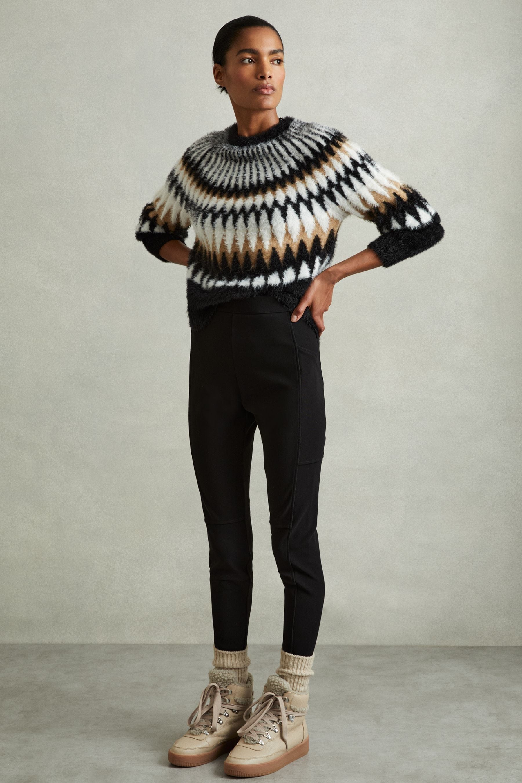 Reiss Indi Black &Amp; Camel Fuzzy Fairisle Pattern Crew Neck Jumper, S, Black &Amp; Beige