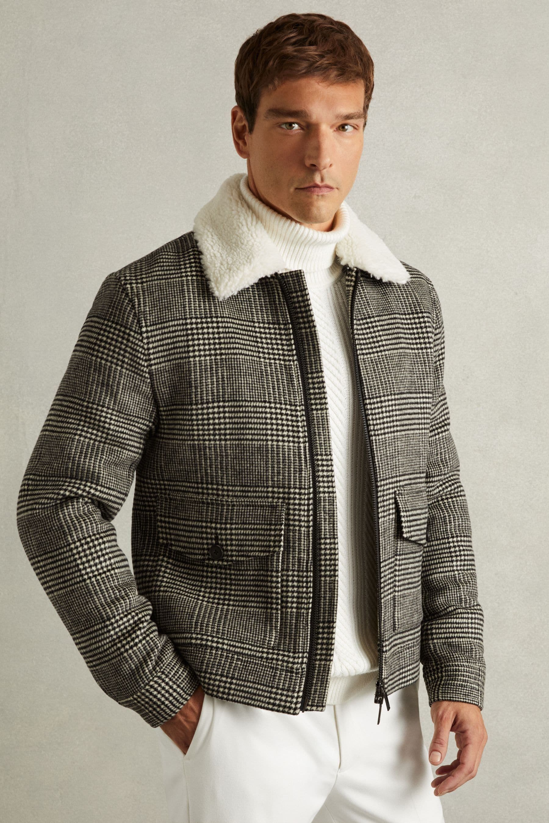 Reiss Black/White Wool-Blend Twill Zipped Jacket, Xxl