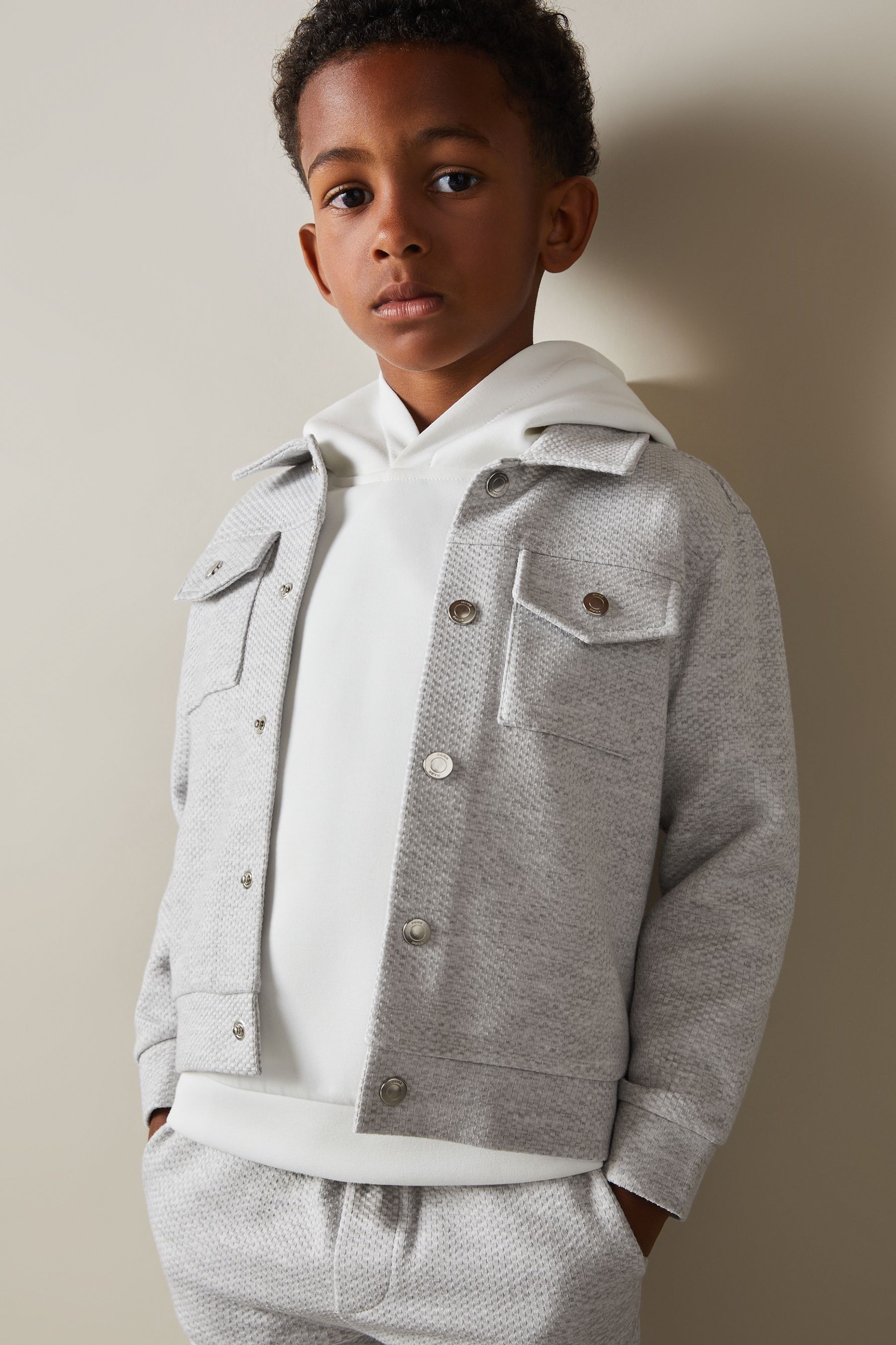 Reiss Grey Melange 9-13 Yrs Textured Cotton Blend Jacket In Grey Melange