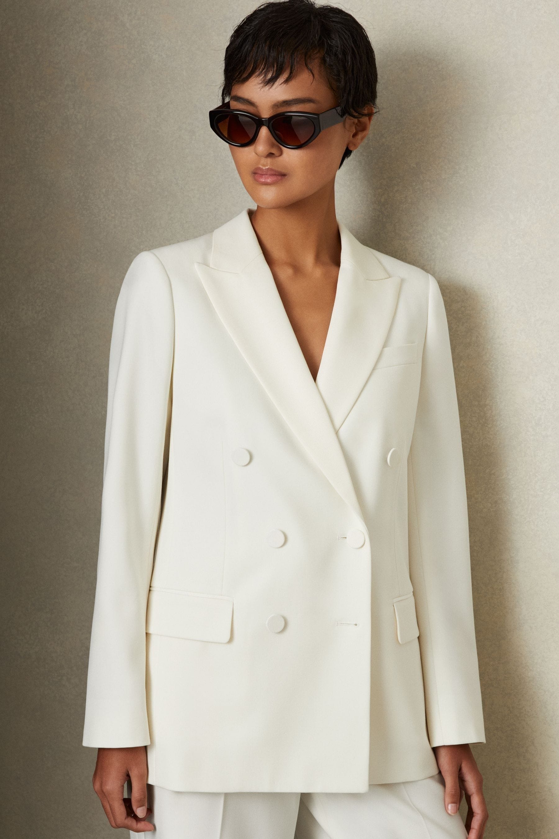 Reiss White Leanna Wool Blend Double Breasted Tux Blazer