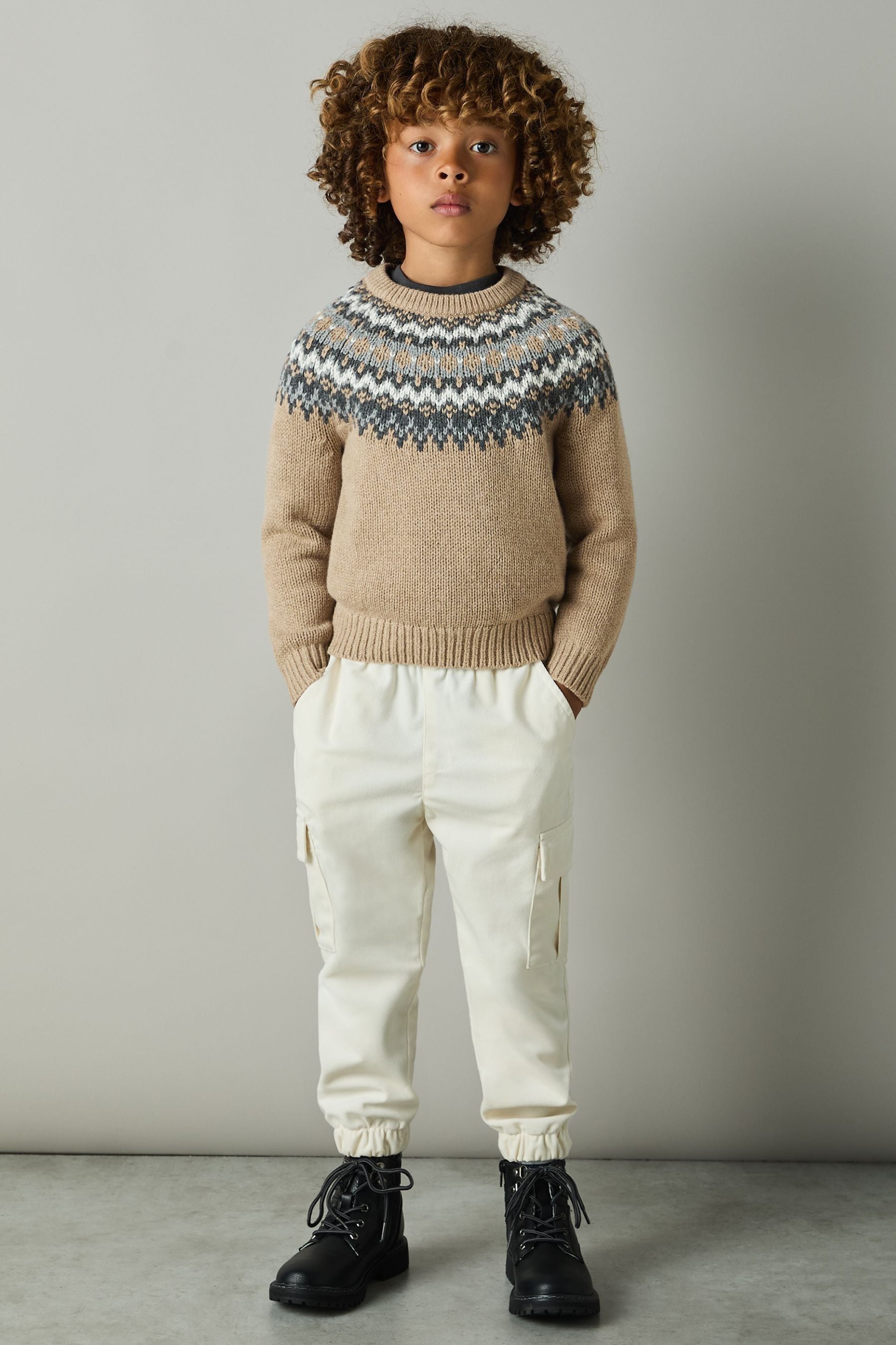 Reiss Mouse Melange Fair-isle Jumper With Cotton And Wool In Mouse Melange
