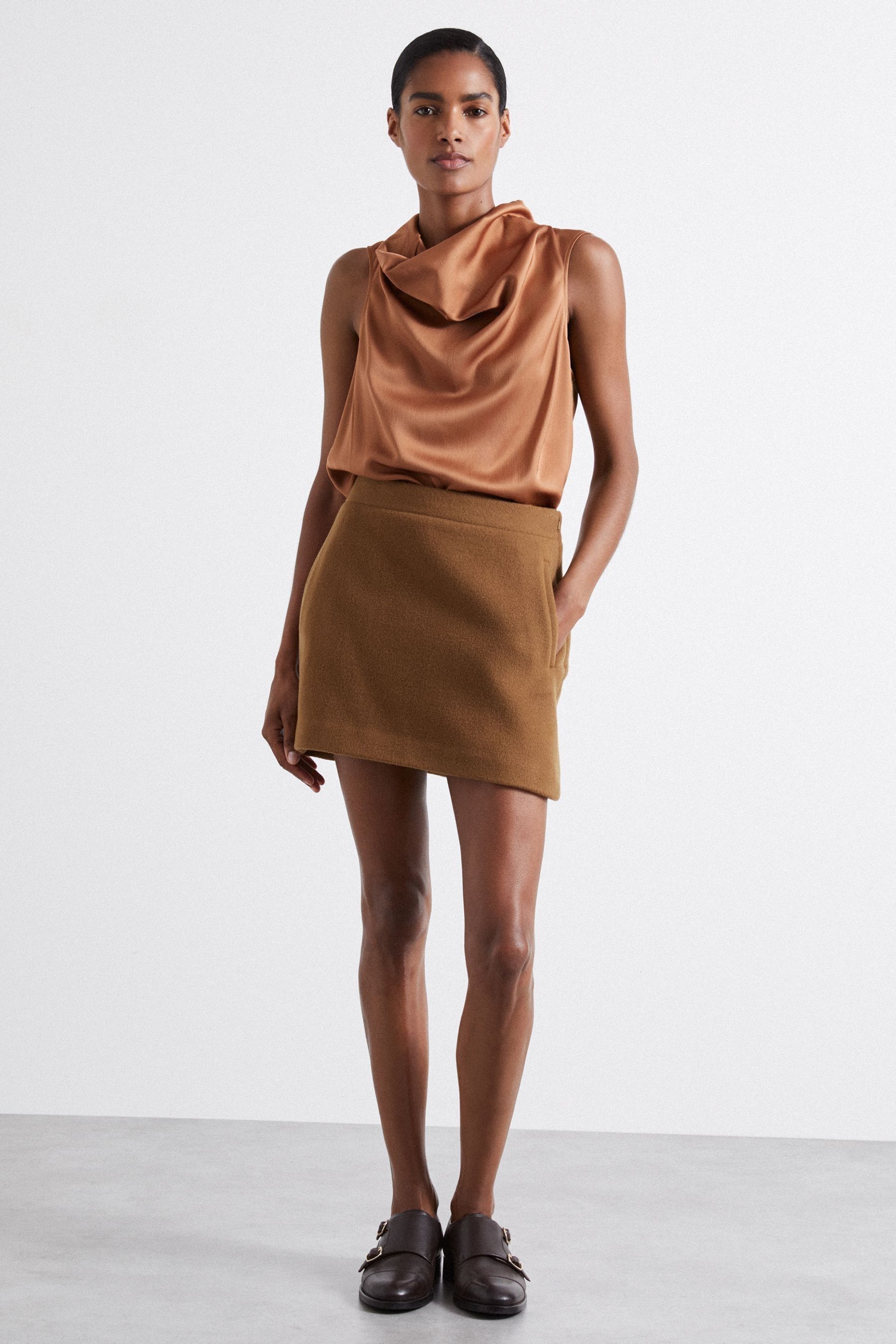 Reiss Camel Atelier Virgin Wool and Camel-blend Suit Skirt, 14