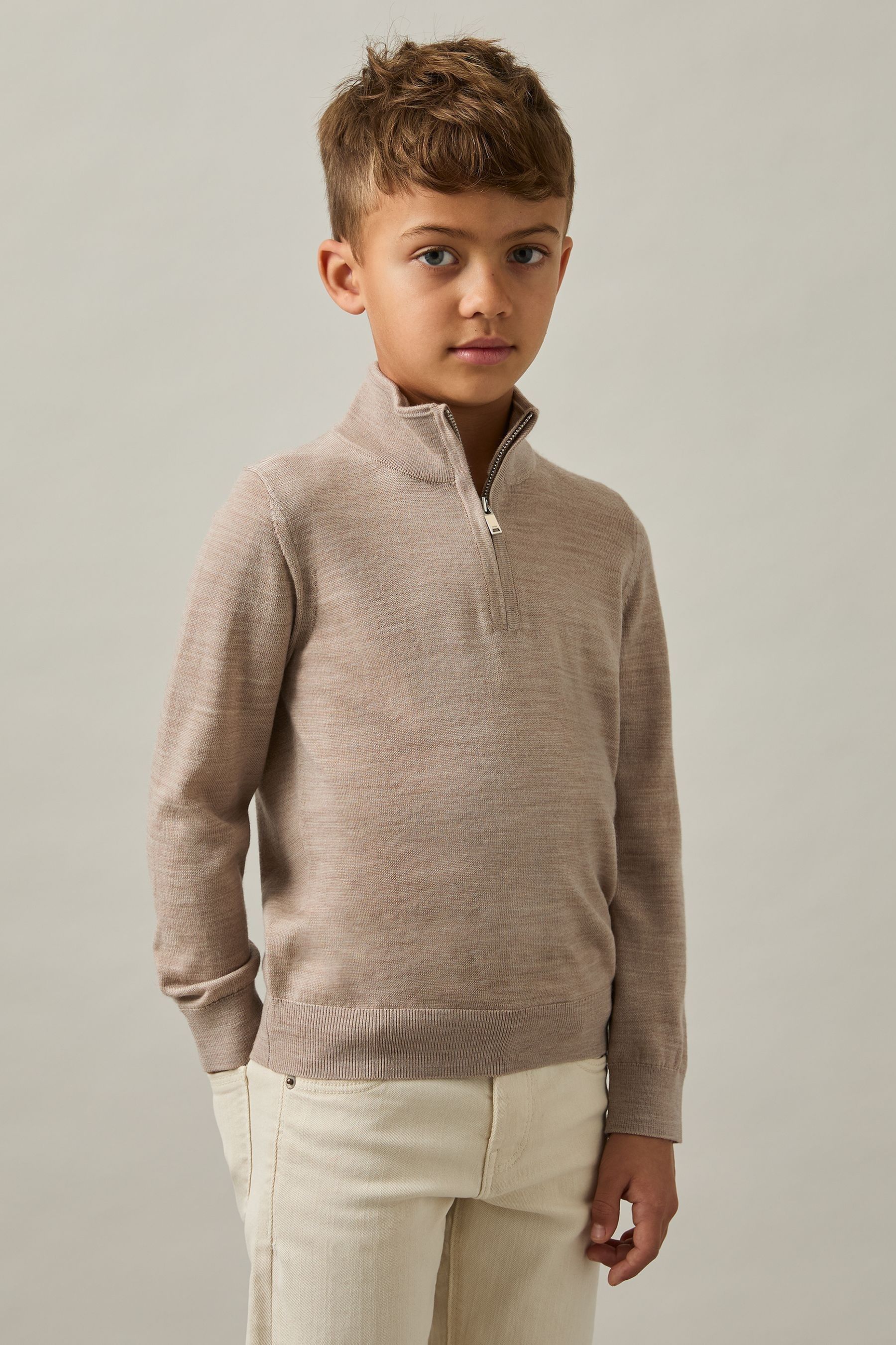 Reiss Wheat Melange Merino Wool Half-zip Funnel Neck Jumper In Wheat Melange