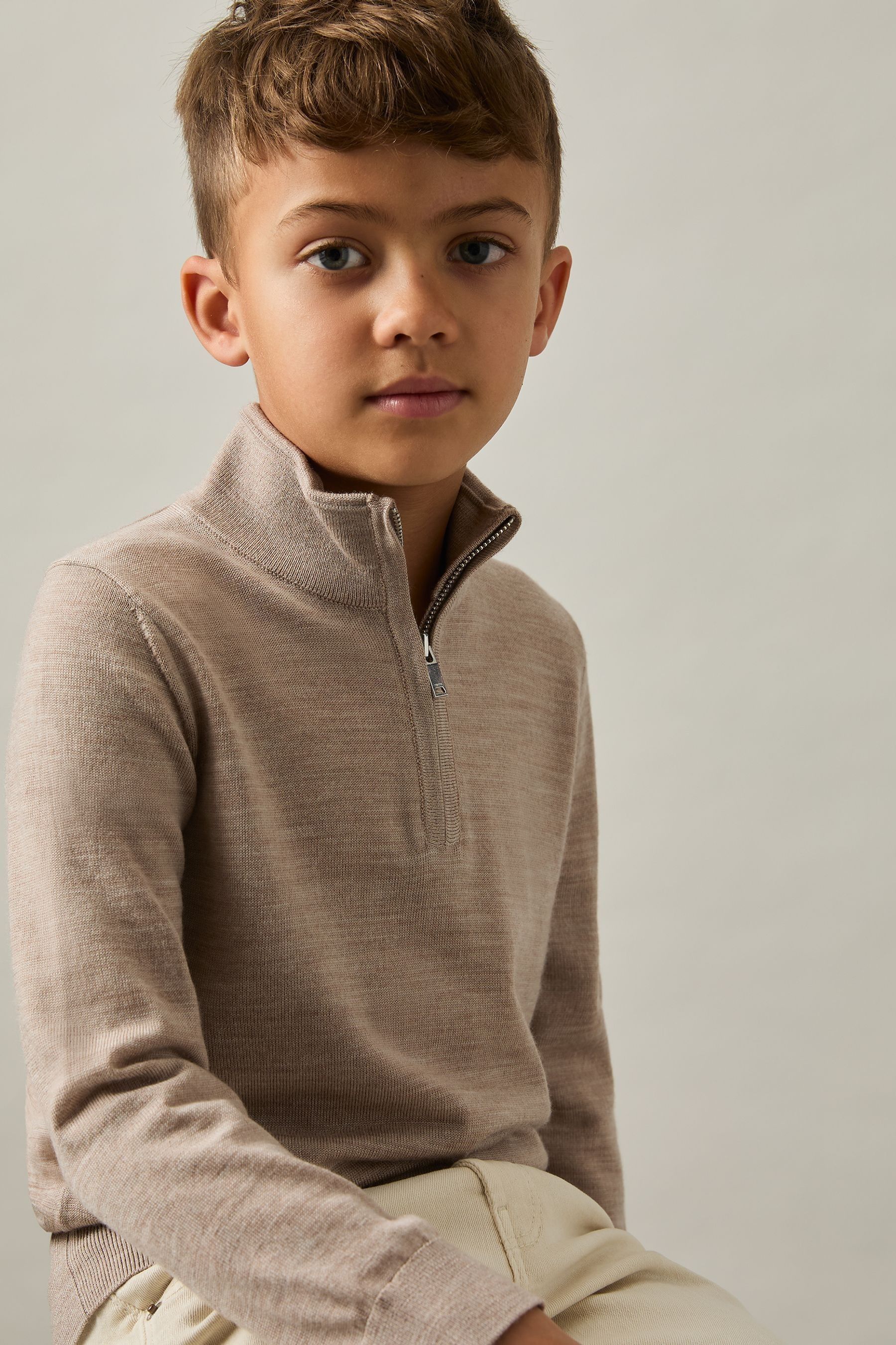 Reiss Wheat Melange Merino Wool Half-zip Funnel Neck Jumper In Wheat Melange