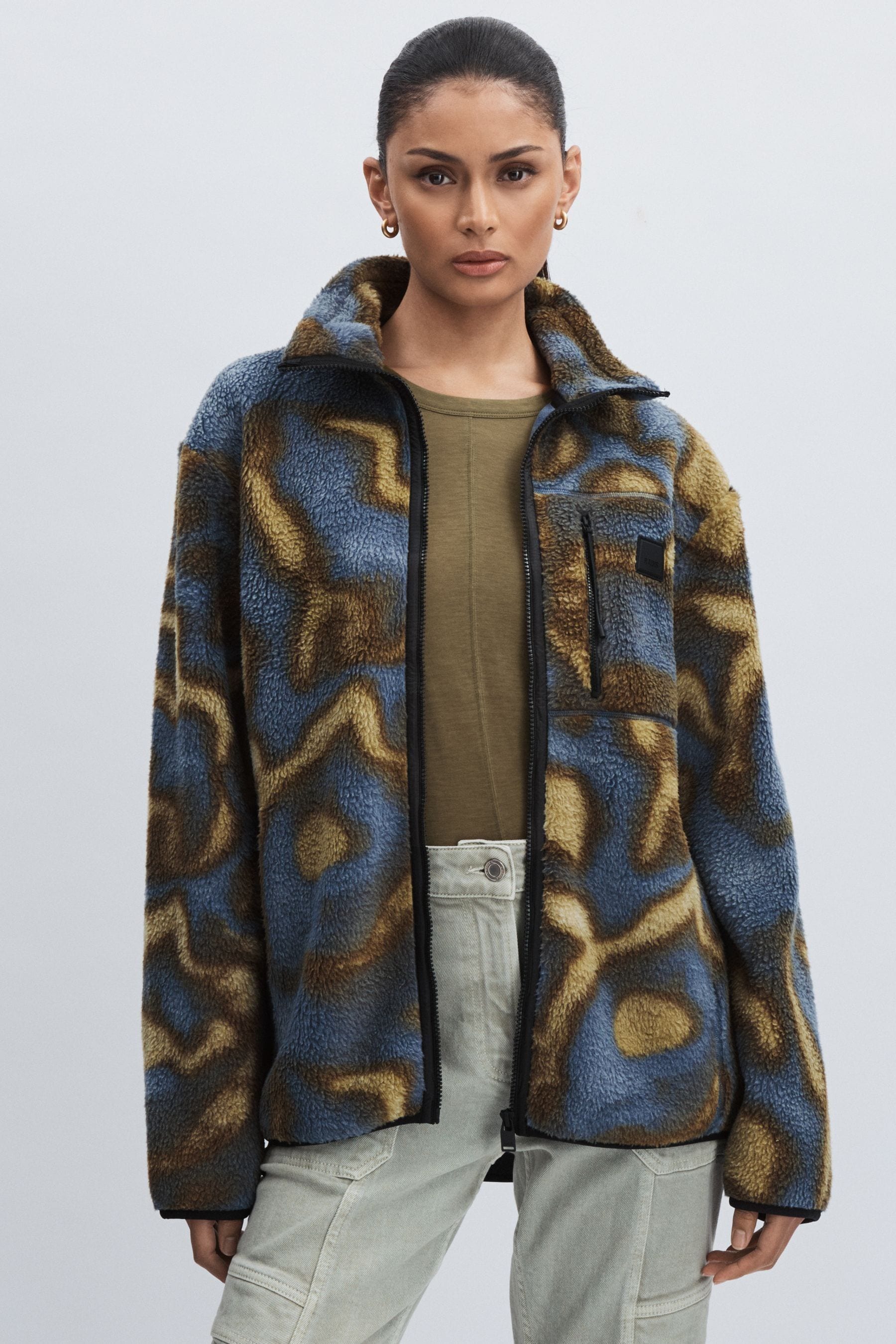 Rains Yermo Fleece Jacket Abstract Print, Black Multi Size: XS