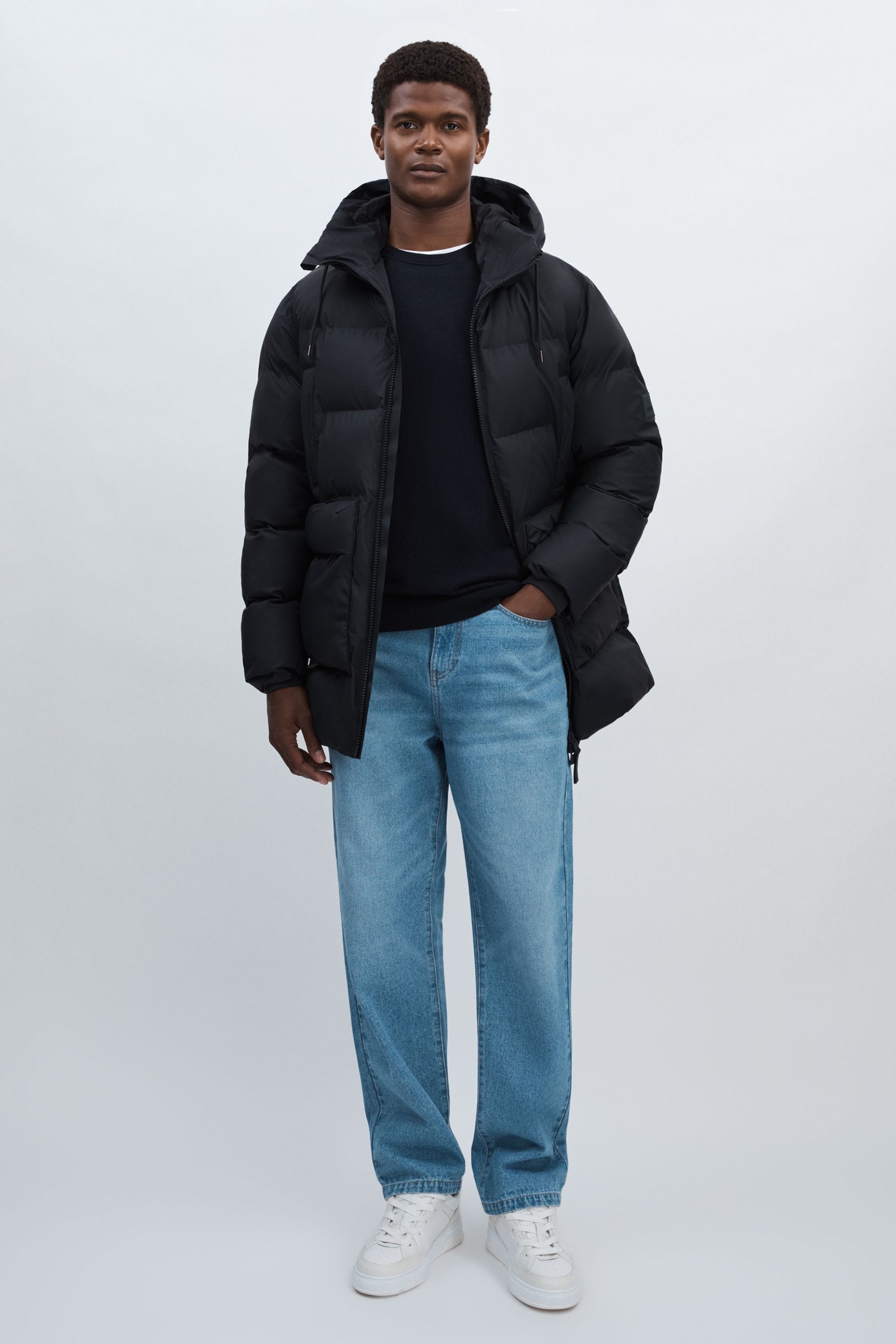 Rains Long Puffer Cargo Jacket, Navy, S