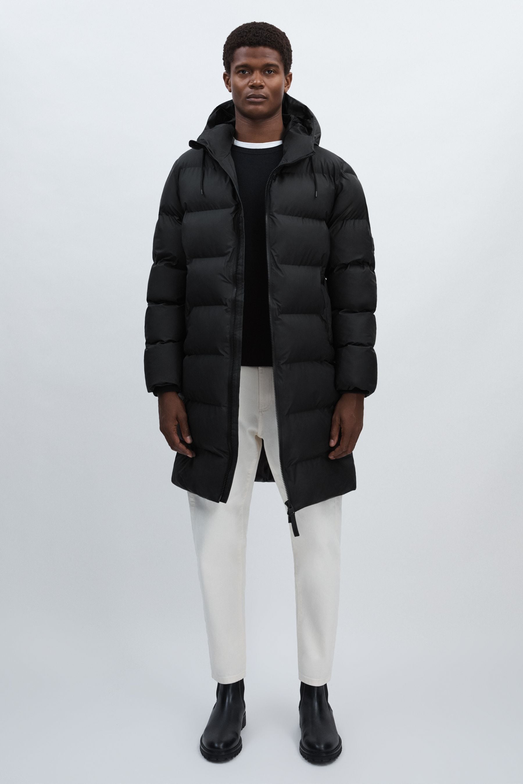 Rains Long Hooded Puffer Jacket, Black, S