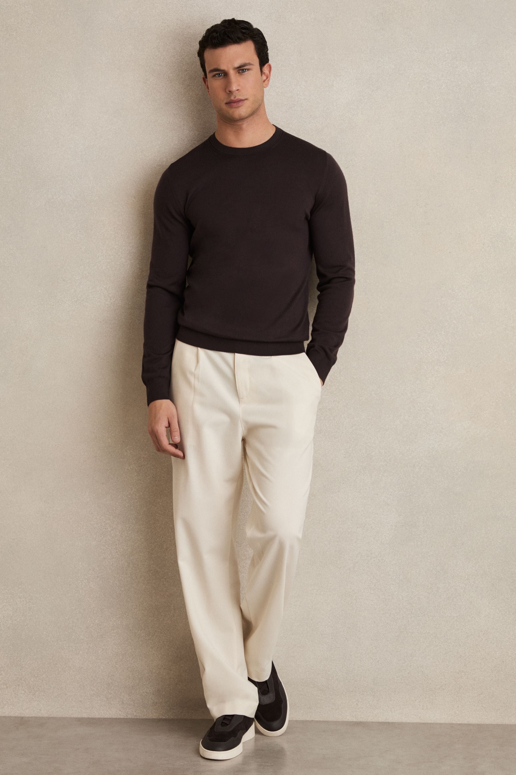 Reiss Wessex Dark Bordeaux Merino Wool Crew Neck Jumper, M, Brown