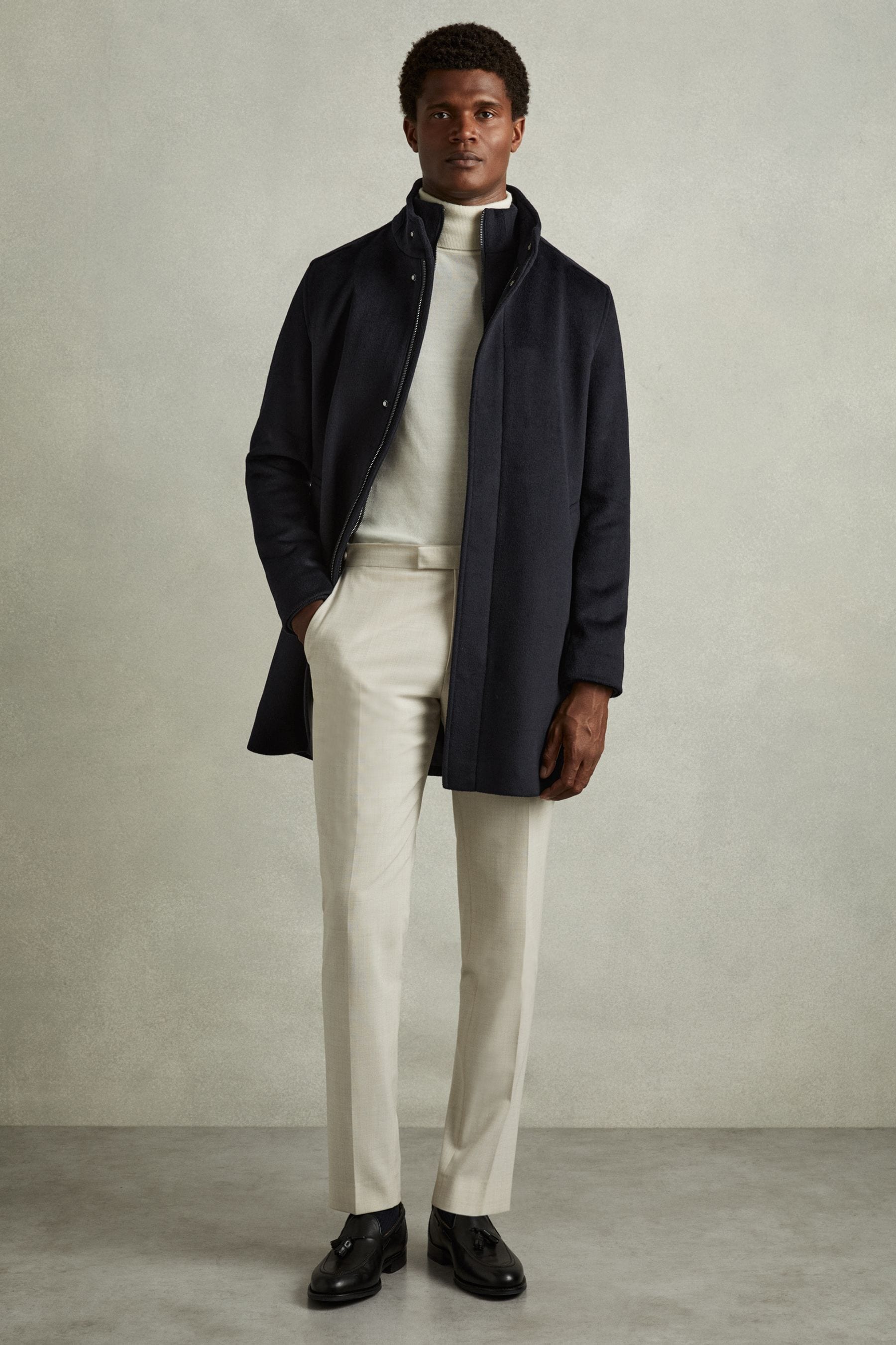 REISS NAVY BHULE WOOL-BLEND ALCANTARA HYBRID COAT