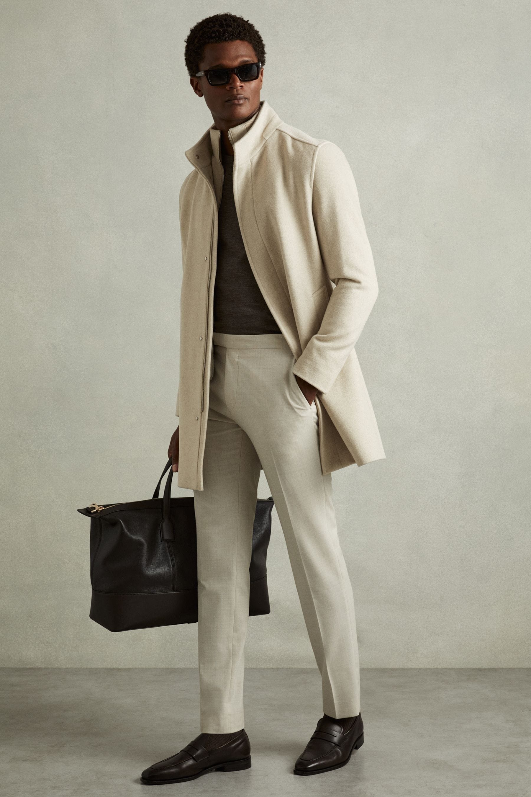 REISS OATMEAL BHULE WOOL-BLEND ALCANTARA HYBRID COAT