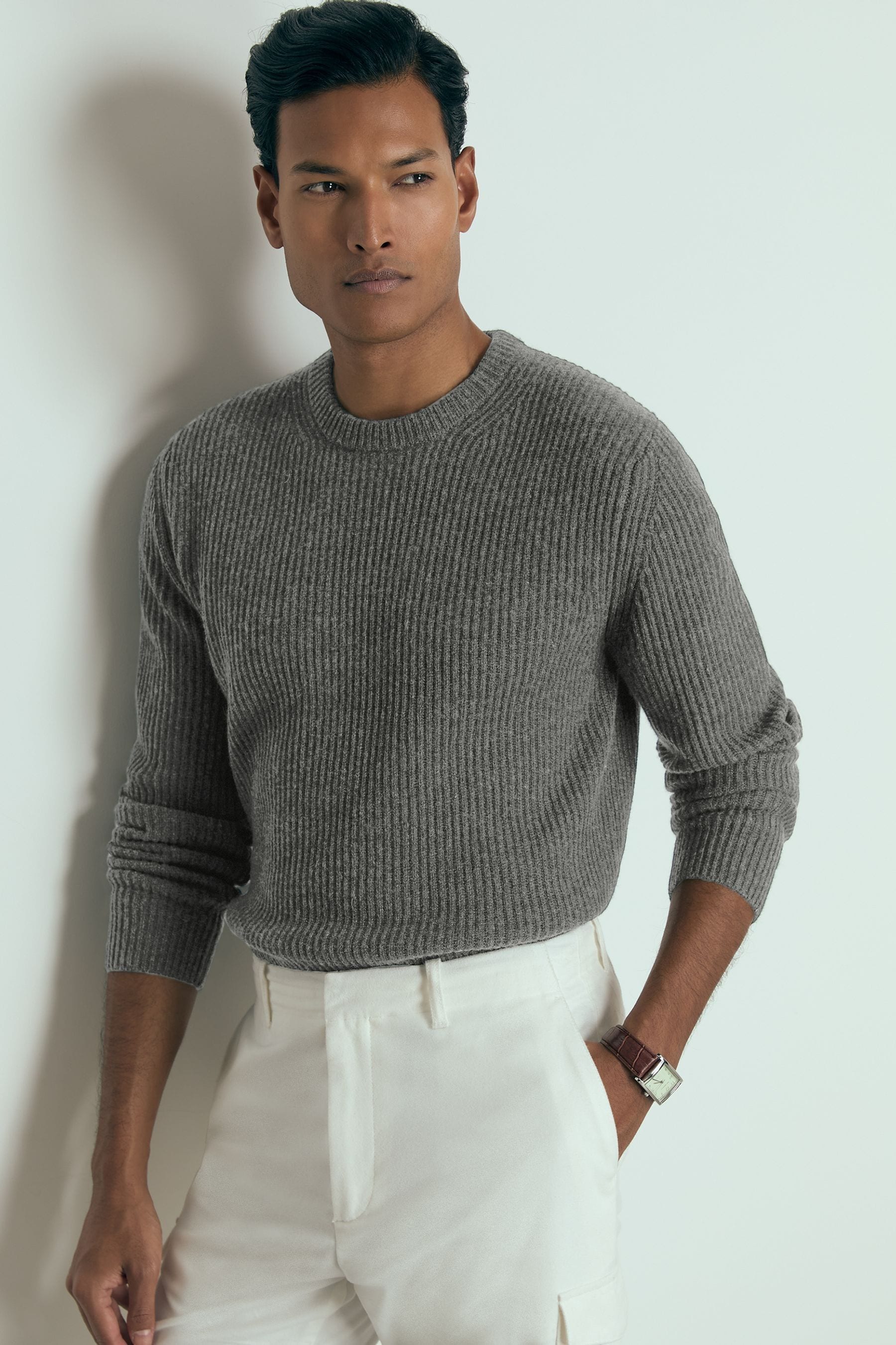 Reiss Renoir Jumper Cashmere Ribbed, Charcoal Melange Size: L