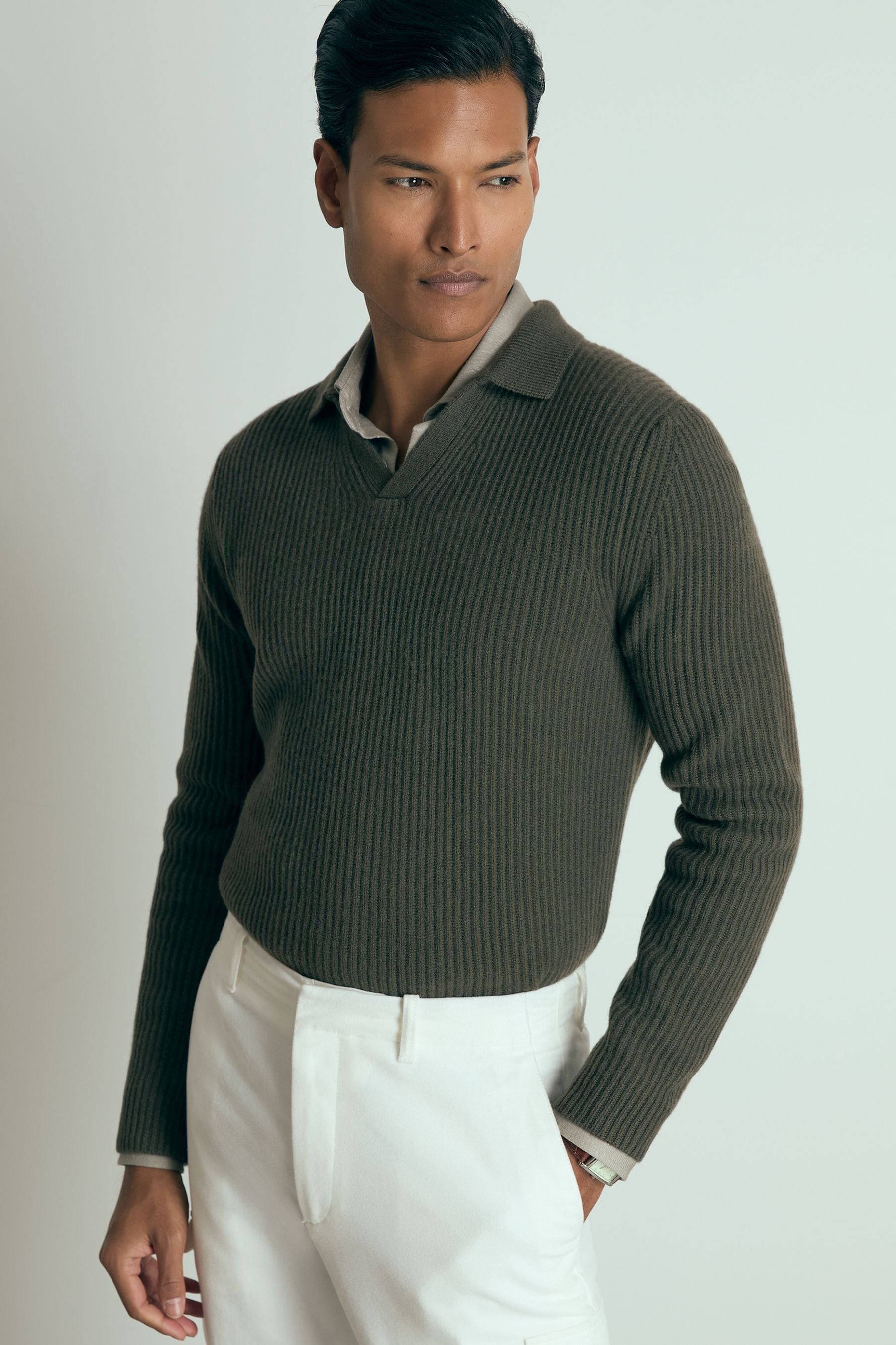 Reiss Military Green Atelier Ribbed-Cashmere Polo Shirt, Xxl
