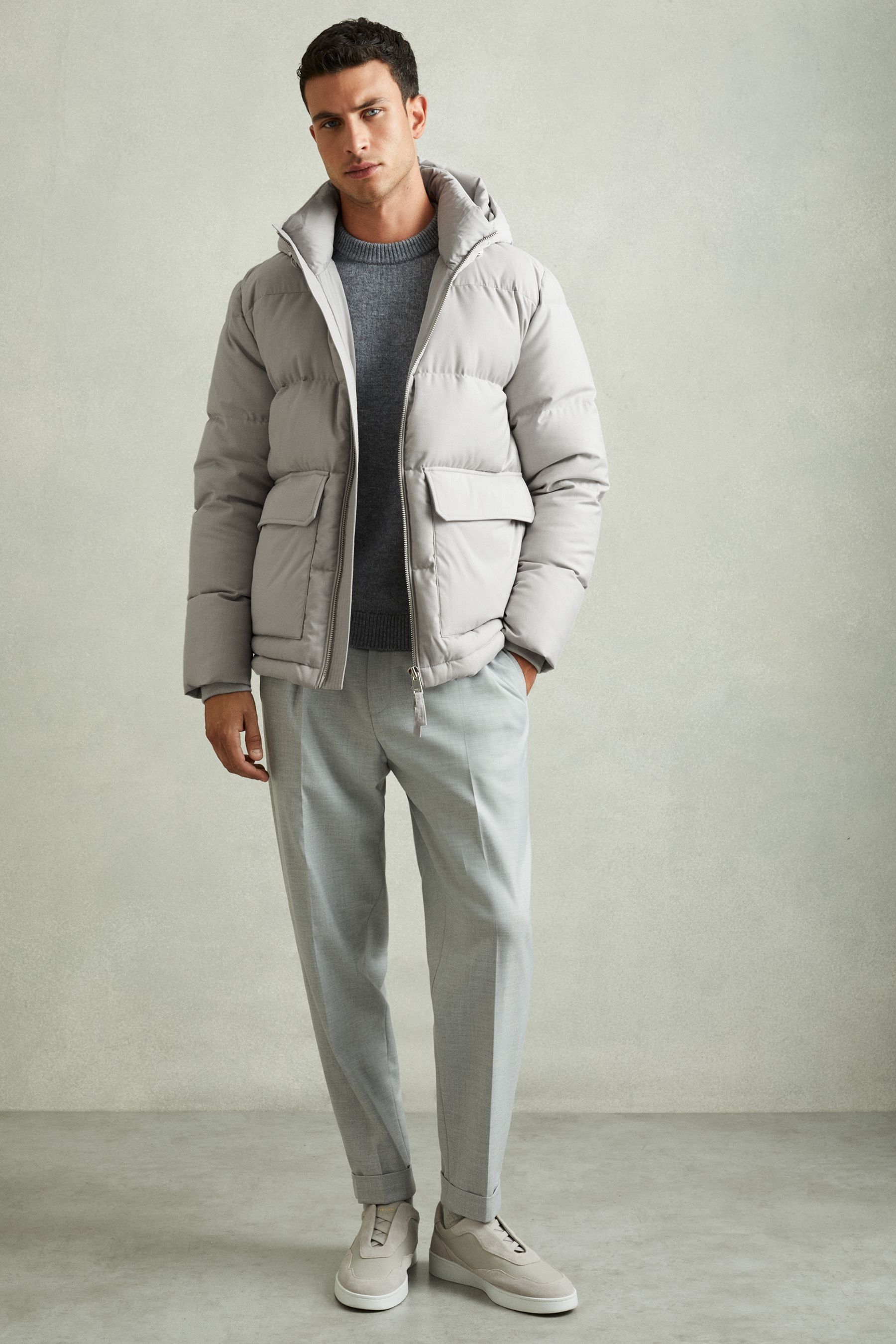 Reiss Grey Patch-Pocket Quilted Puffer Jacket, XL