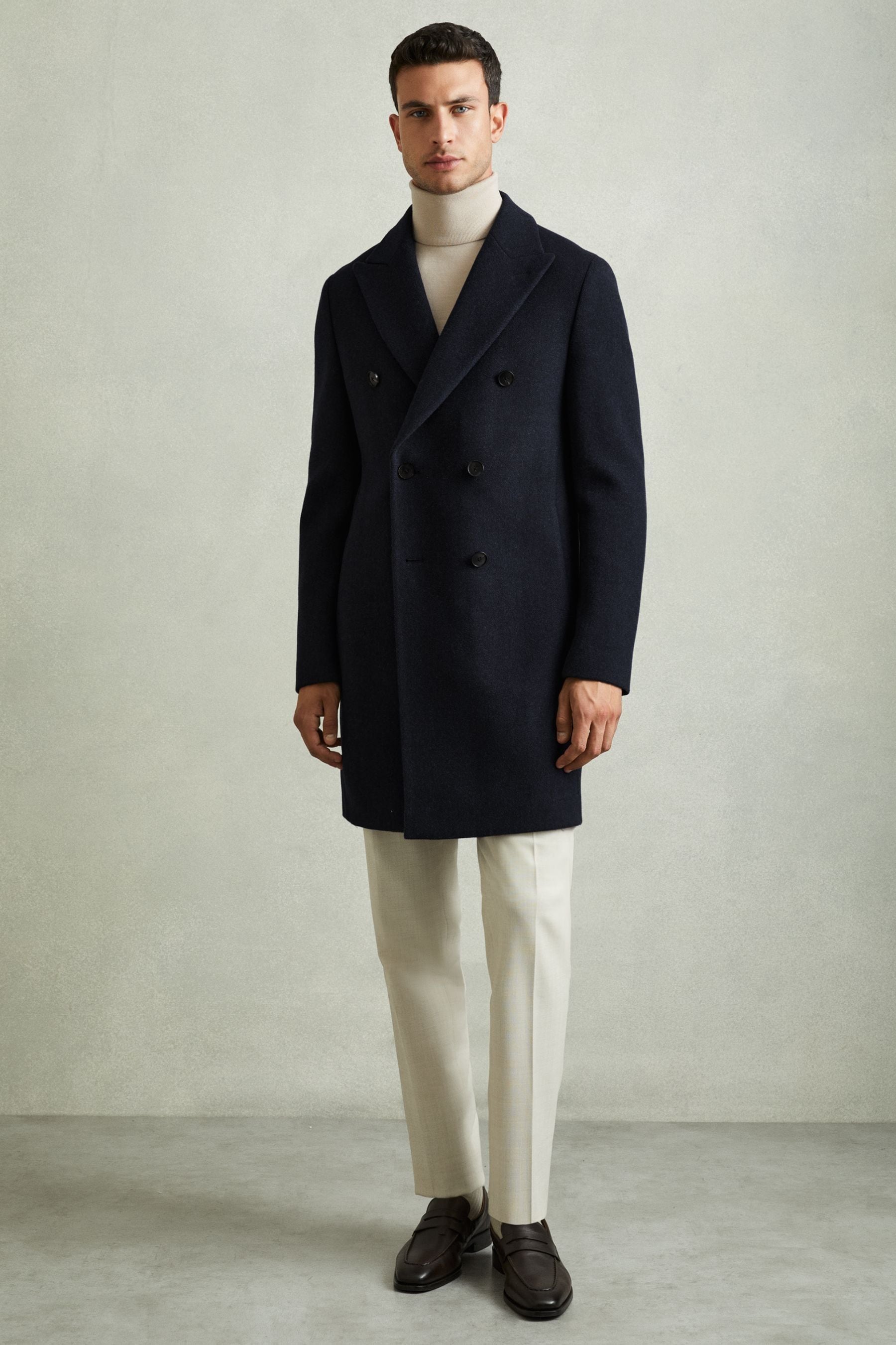 Reiss Navy Herringbone Wool Blend Herringbone Twill Overcoat In Navy Herringbone