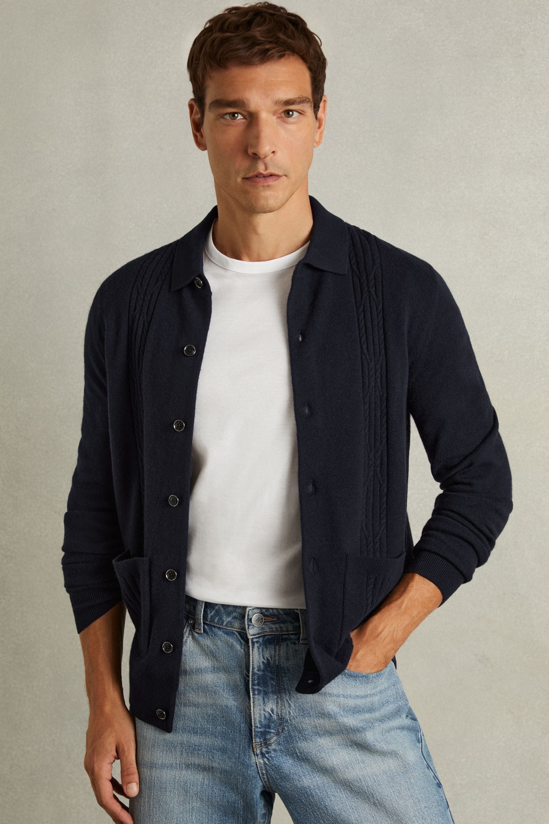Reiss Navy Wool Cabled-knitted Cardigan In Navy
