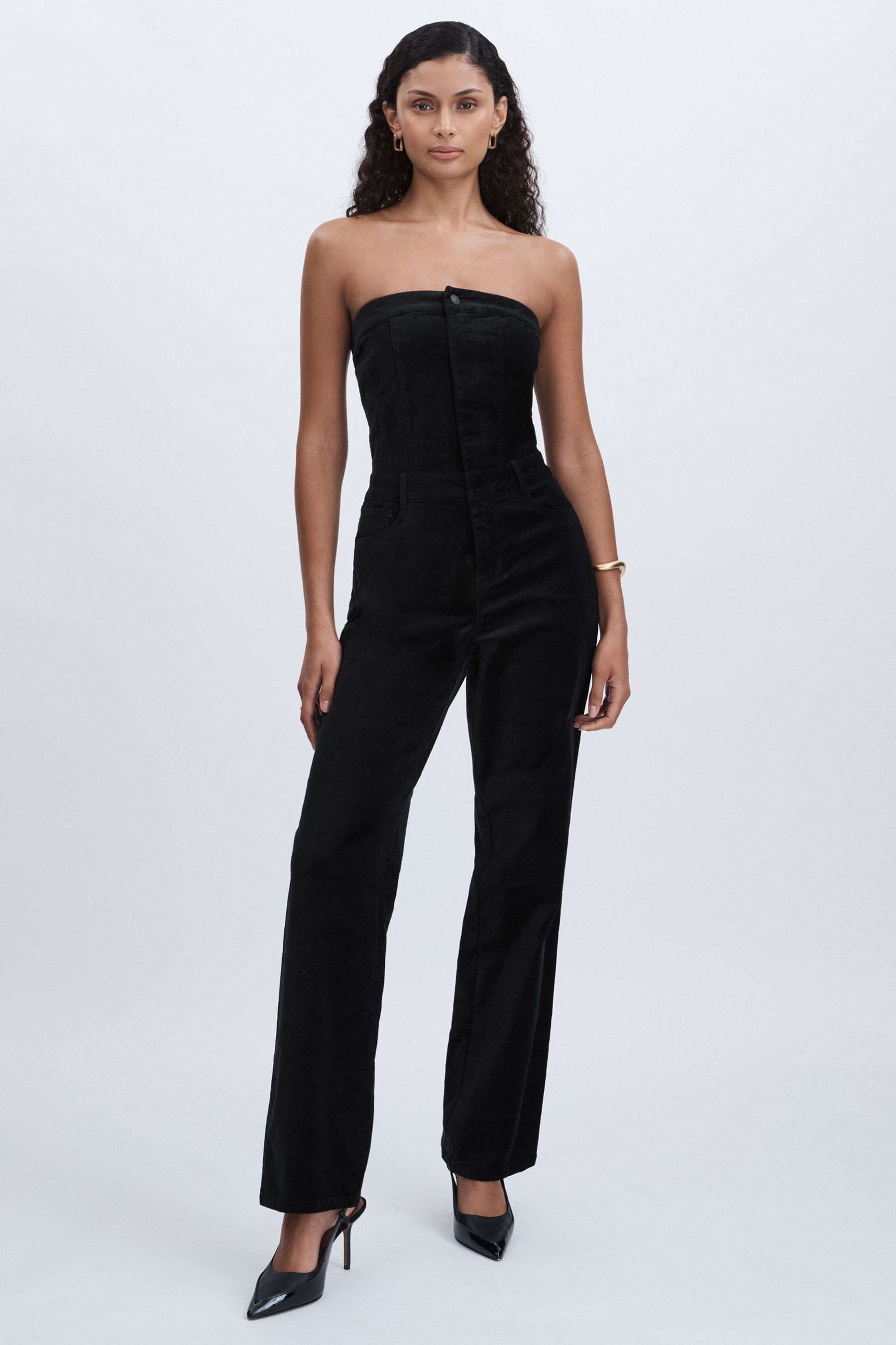Good Black Velvet Strapless Jumpsuit, 8