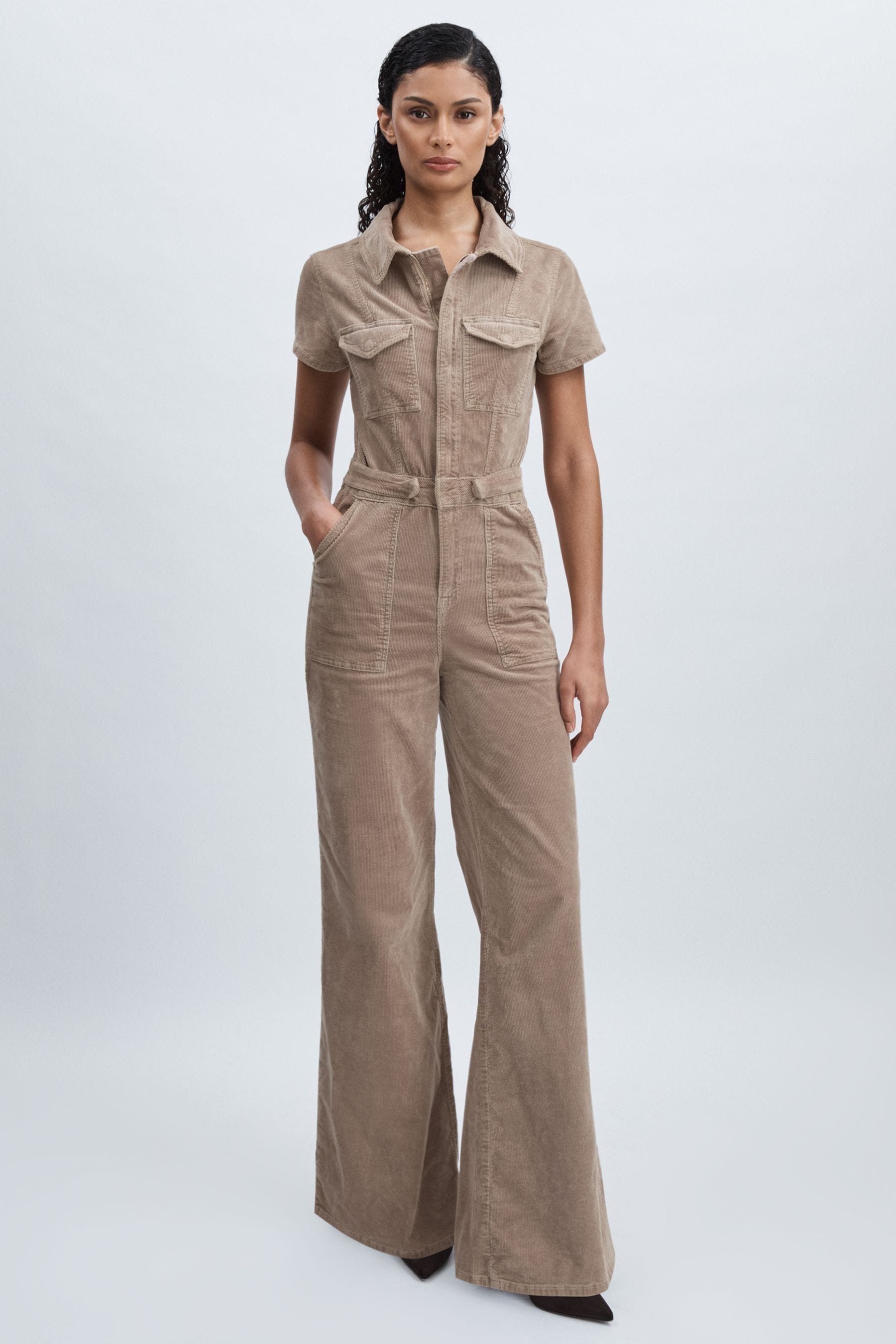 Good American Beige Corduroy Palazzo Jumpsuit, 8