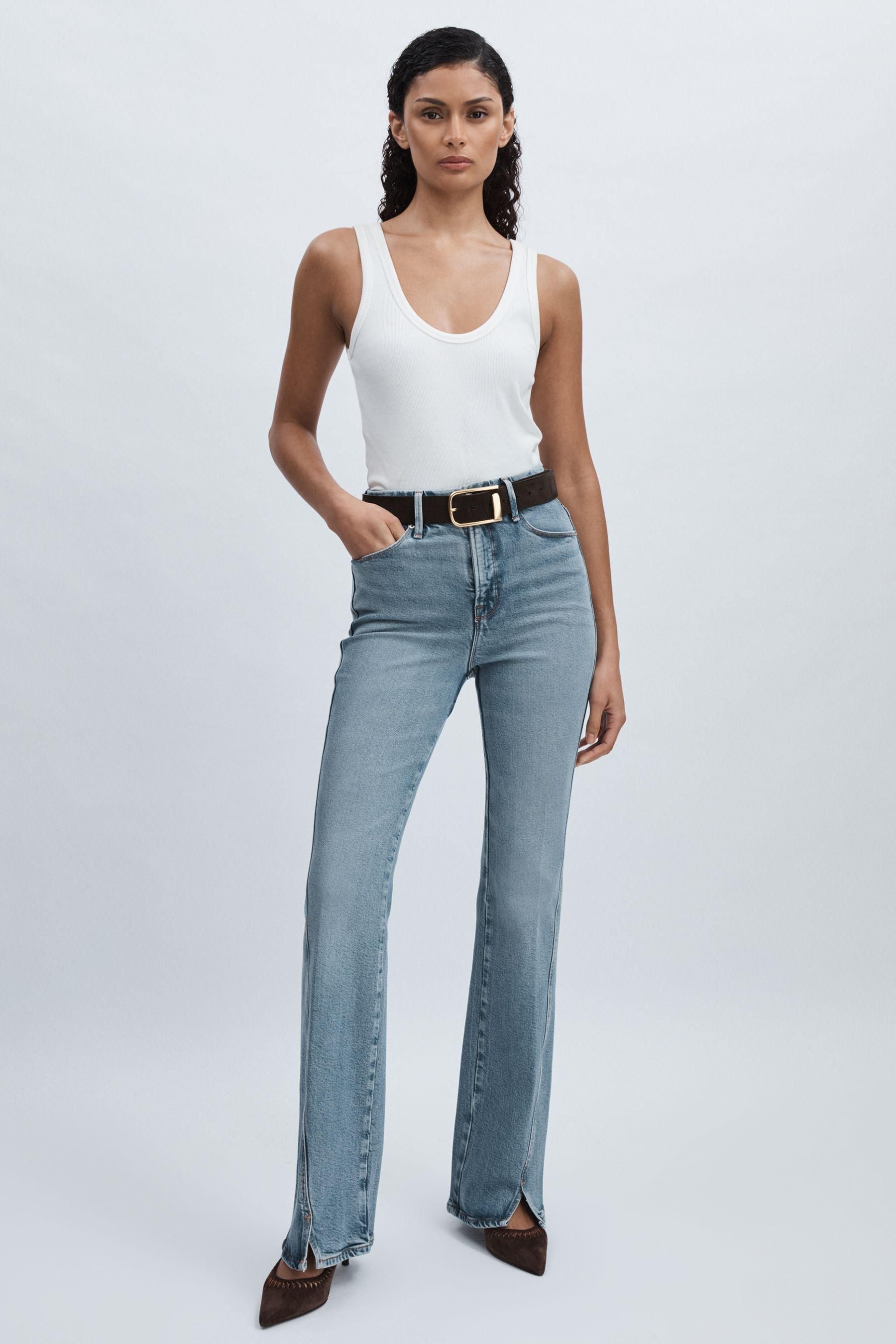 Good American Washed Blue Twisted-outseam Bootcut Jeans, 31