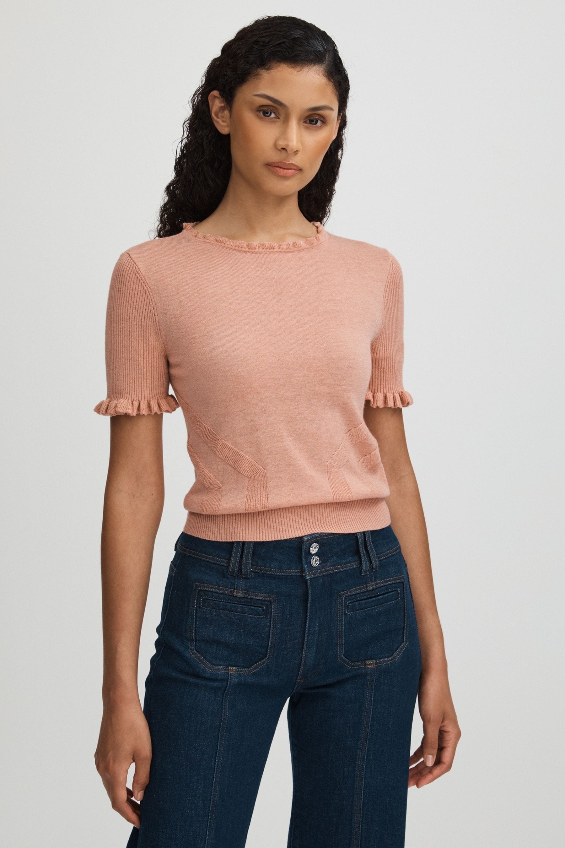 PAIGE PAIGE PEACH METALLIC RUFFLE TRIM TOP