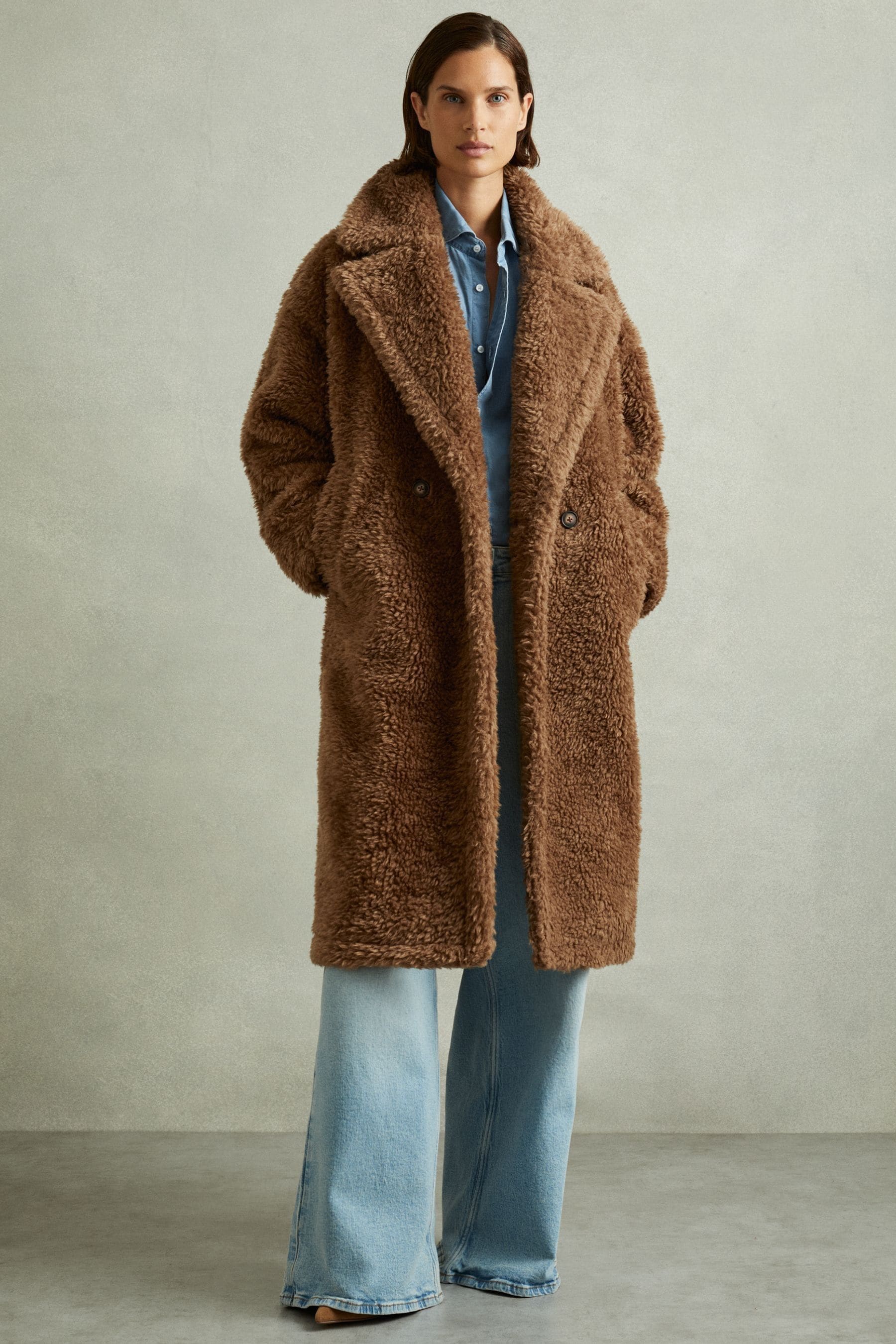 Shop Reiss Brown Darla Petite Teddy Coat With Wool