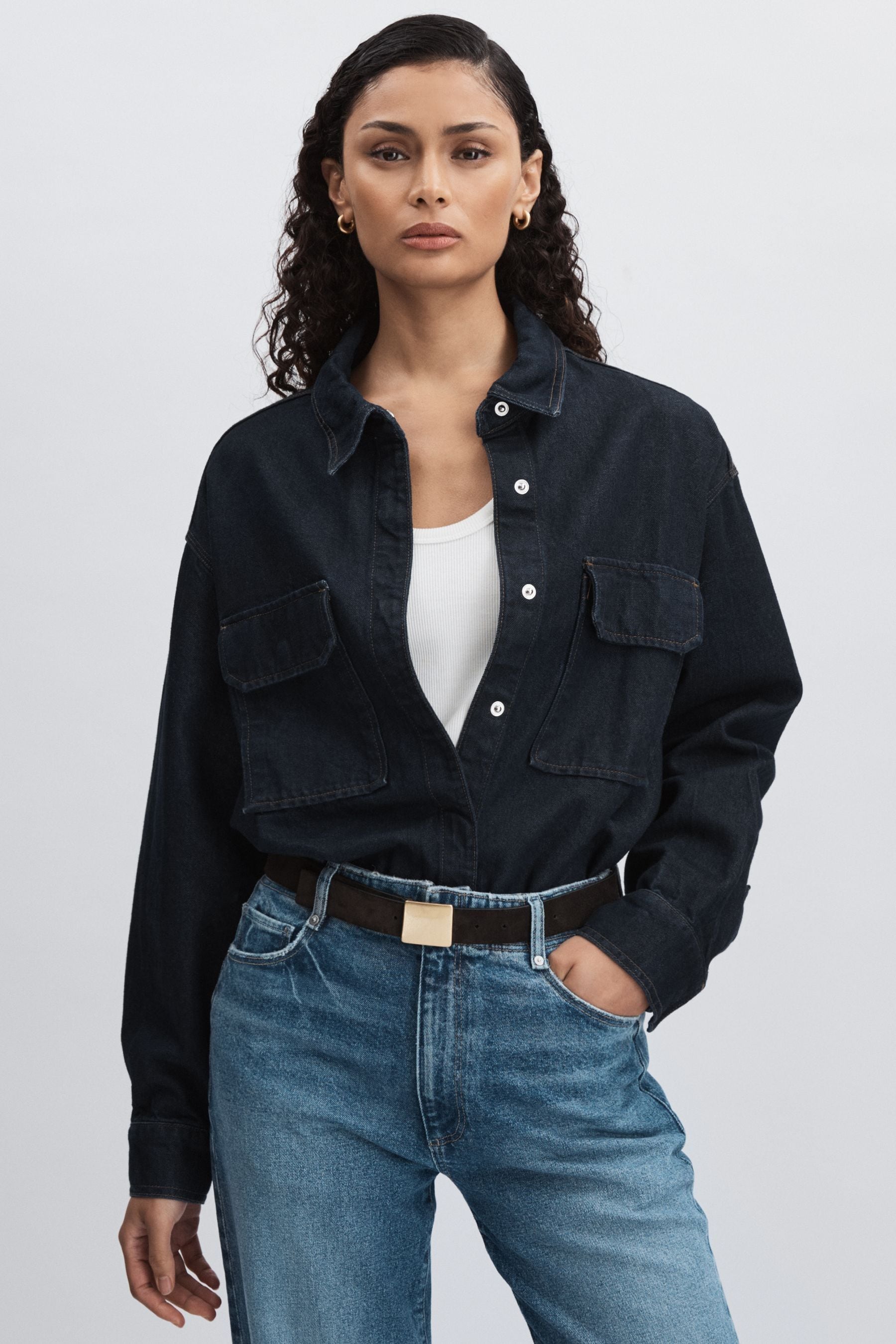 Good American Oversized Shirt Cotton Plain, Dark Indigo Size: 14