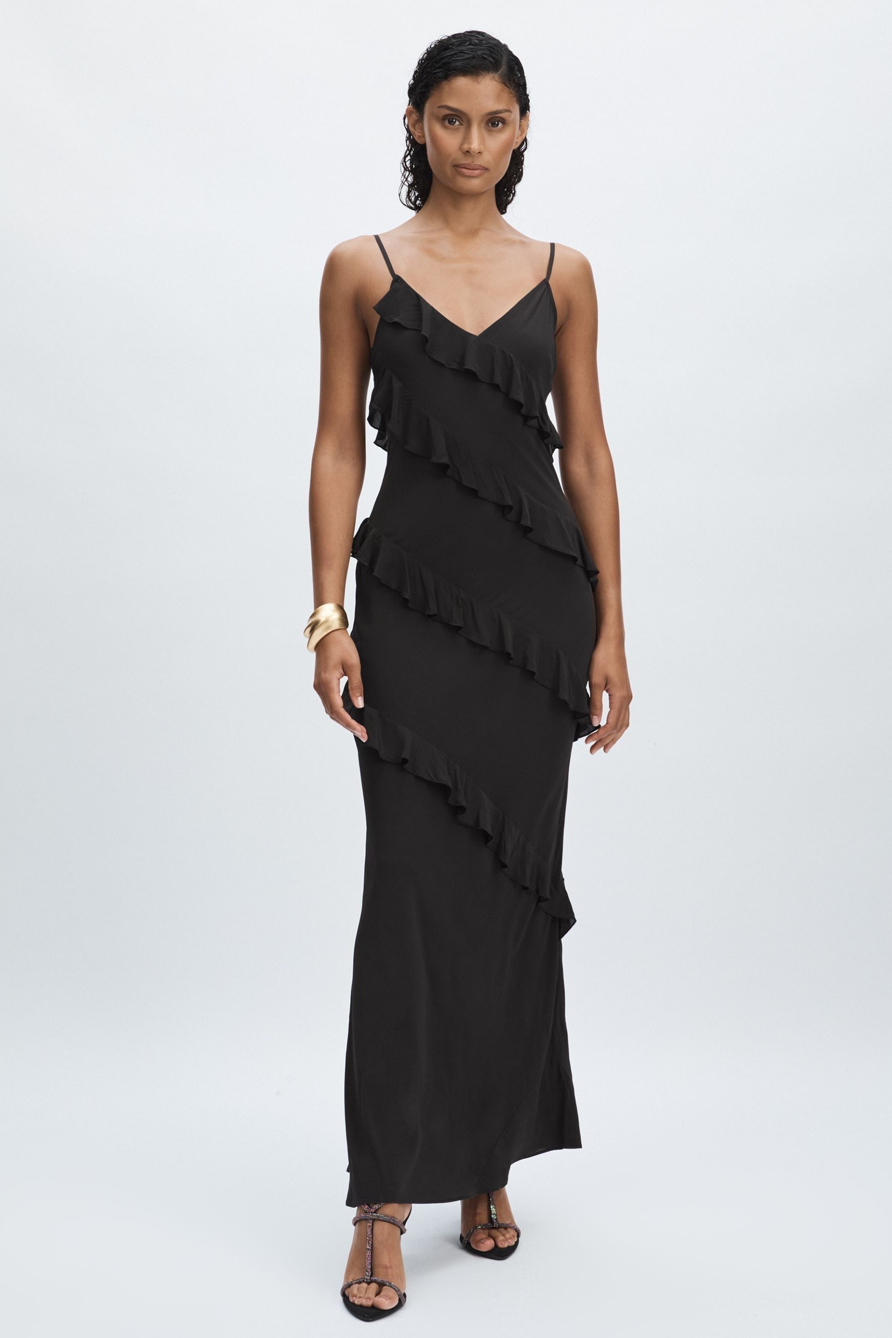 Shop Good American Black Ruffled Chiffon Slip Dress