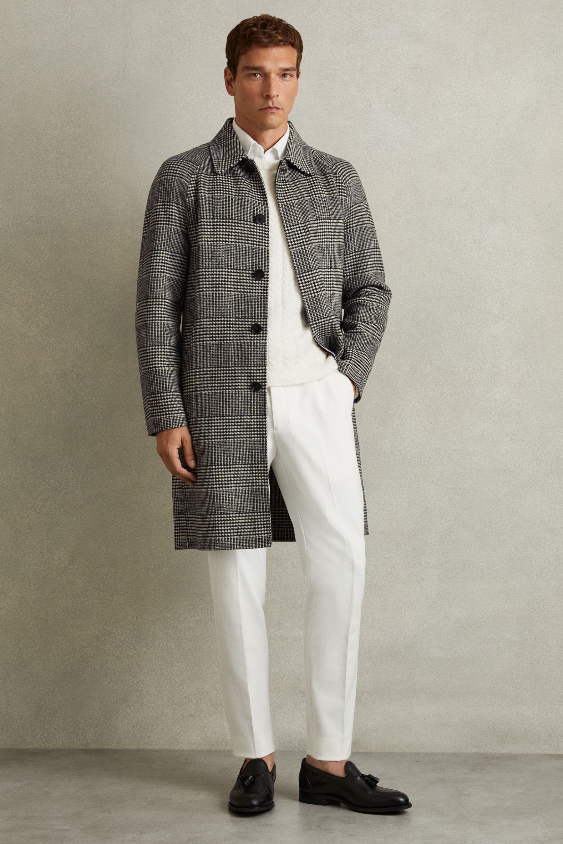 Reiss Black/white Checked Wool-blend Car Coat In Black/white