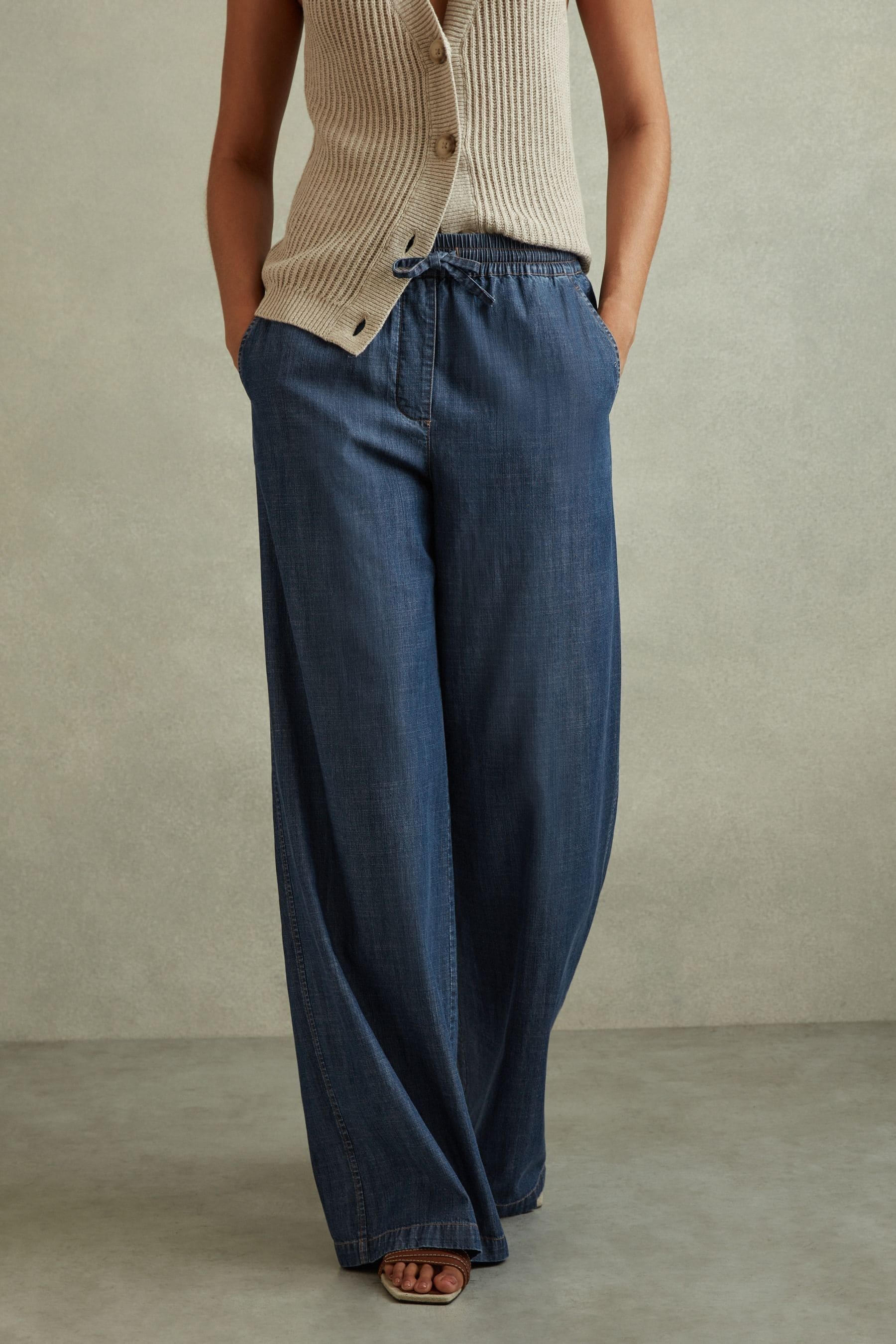 Reiss Womens Mid Blue Carter Wide-leg High-rise Denim Trousers In Mid Blue