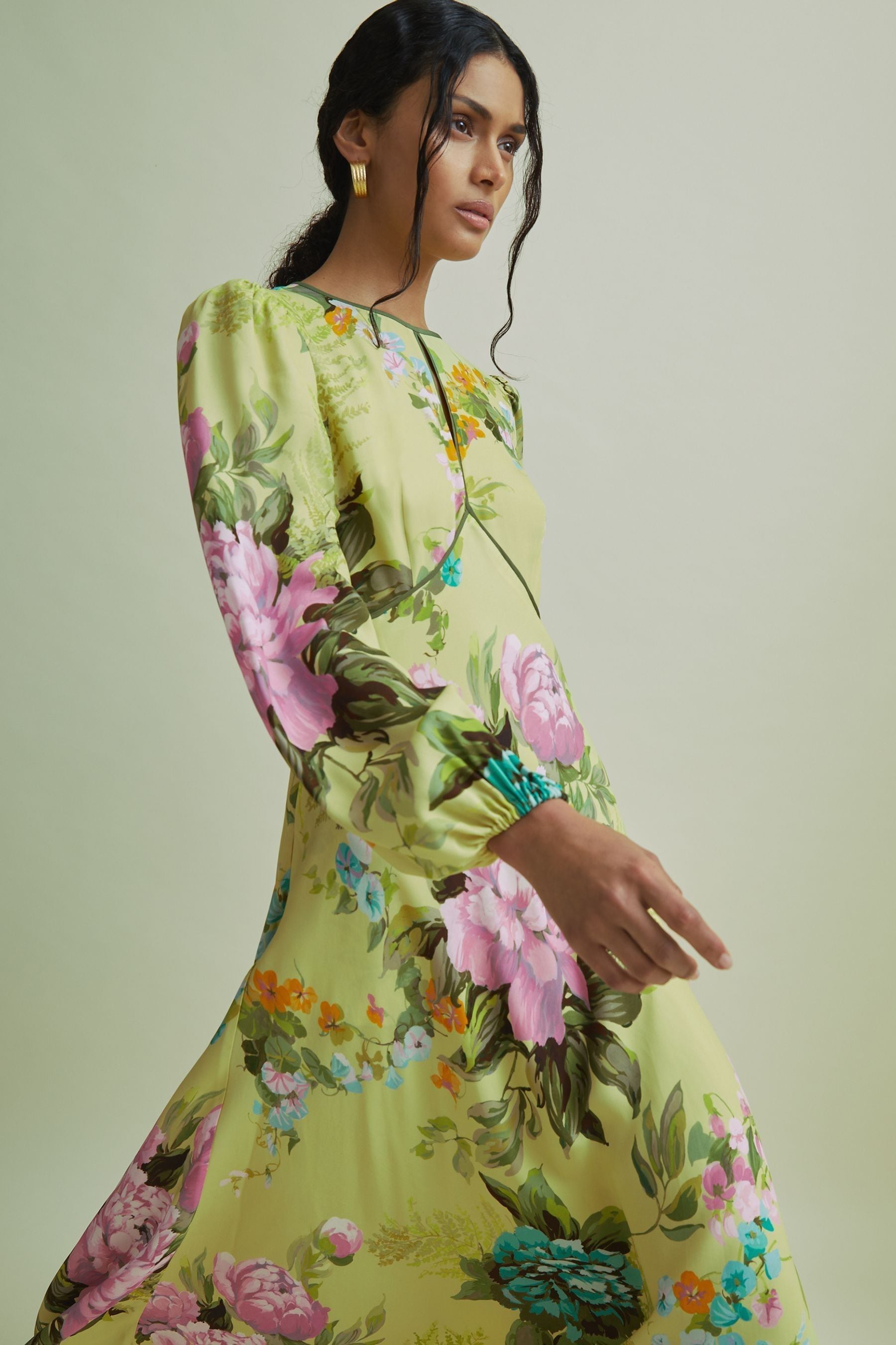 Florere Blouson Sleeve Midi Dress, Pale Green, 16
