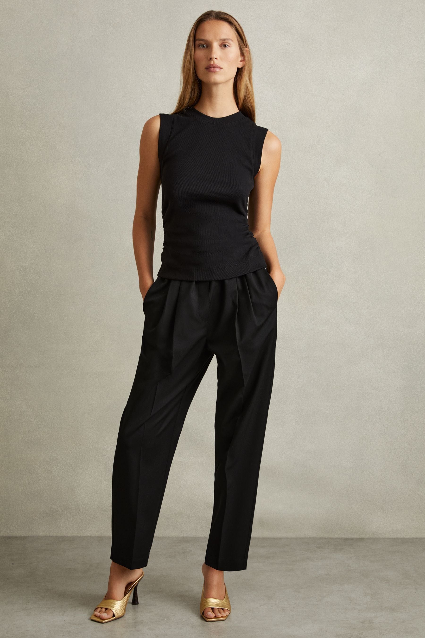 Reiss Black Drawstring Waist Tapered Trousers, 12