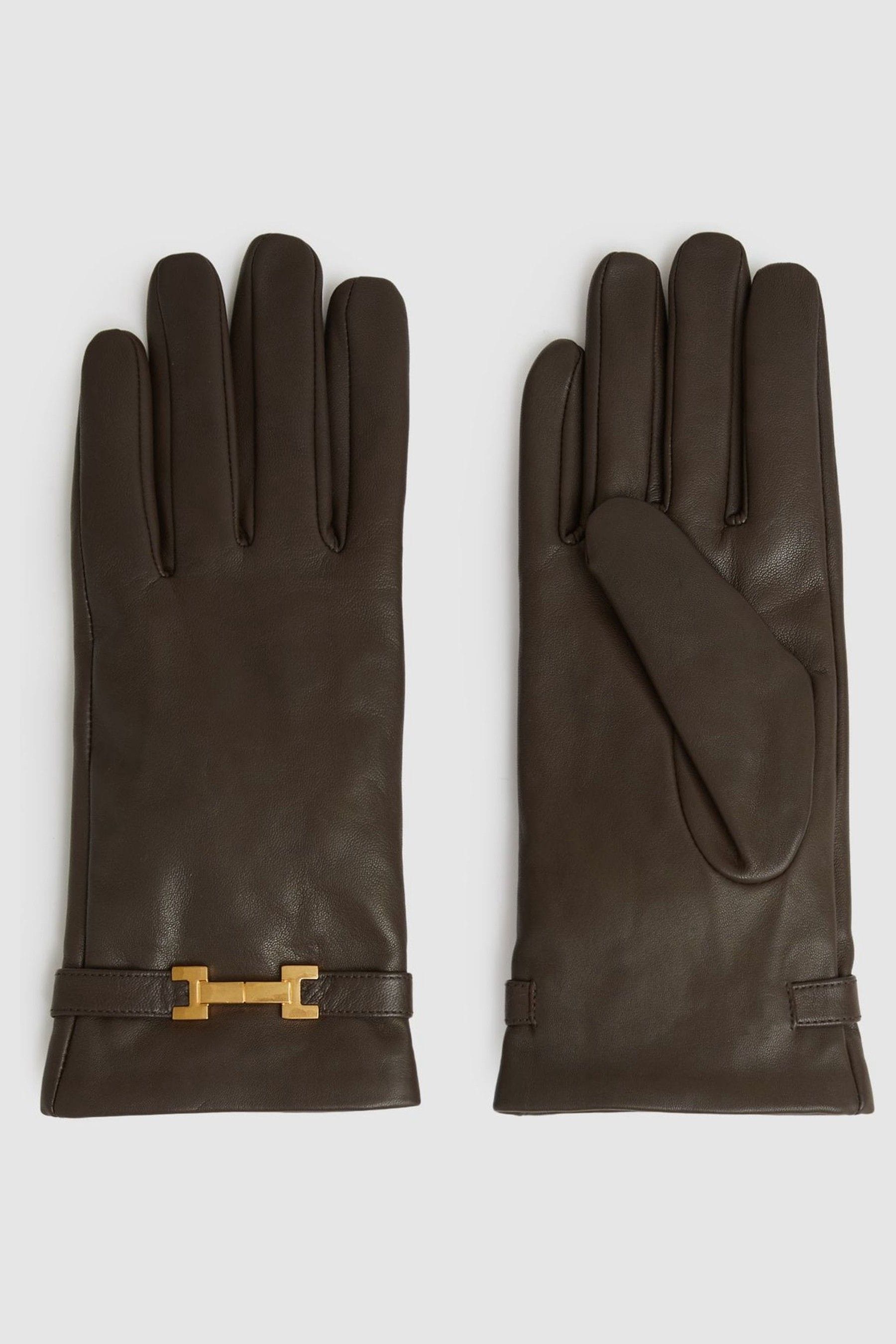 Reiss Chocolate Leather Hardware-embellished Gloves