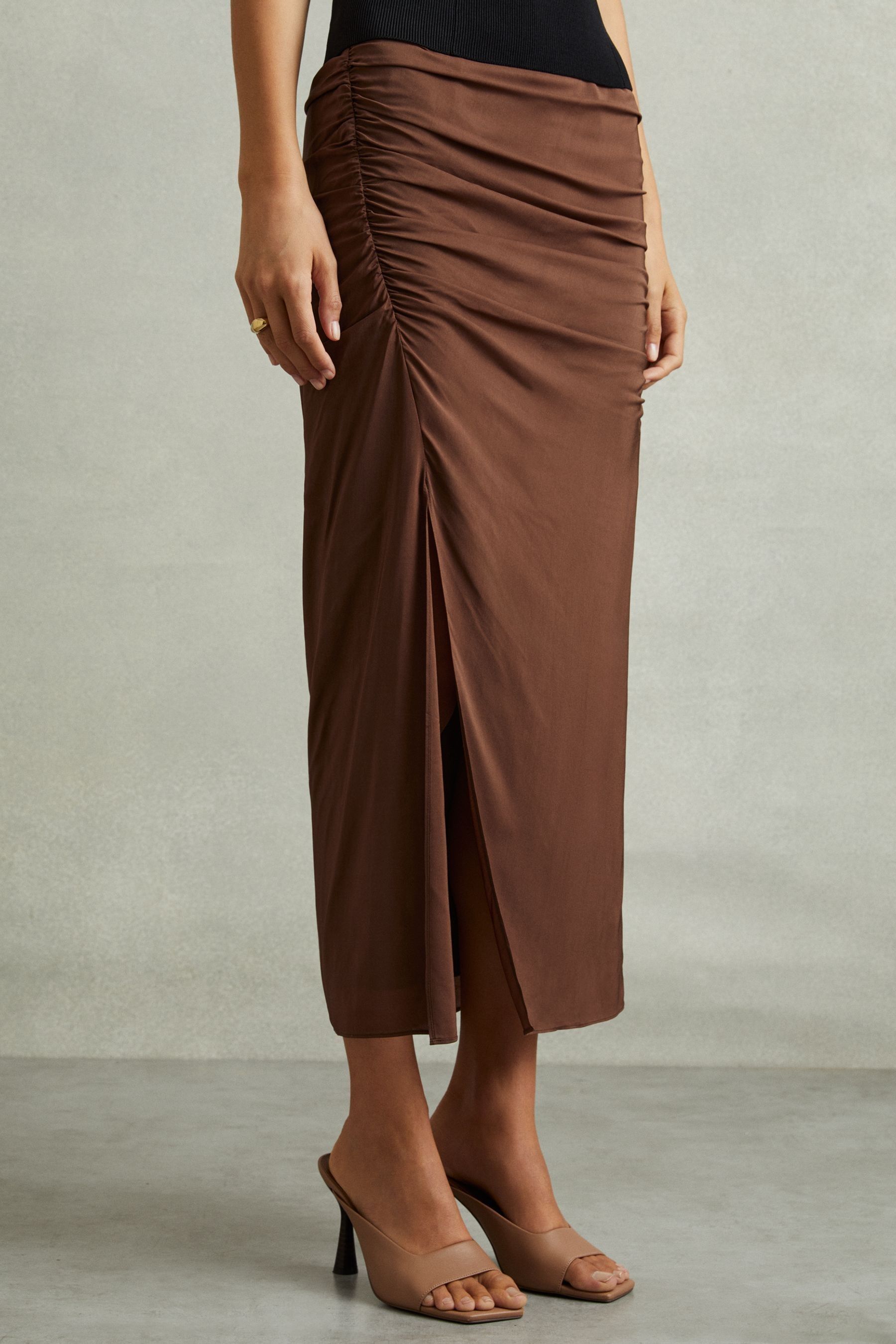 Reiss Chocolate Ruched Front Split Midi Skirt, 14