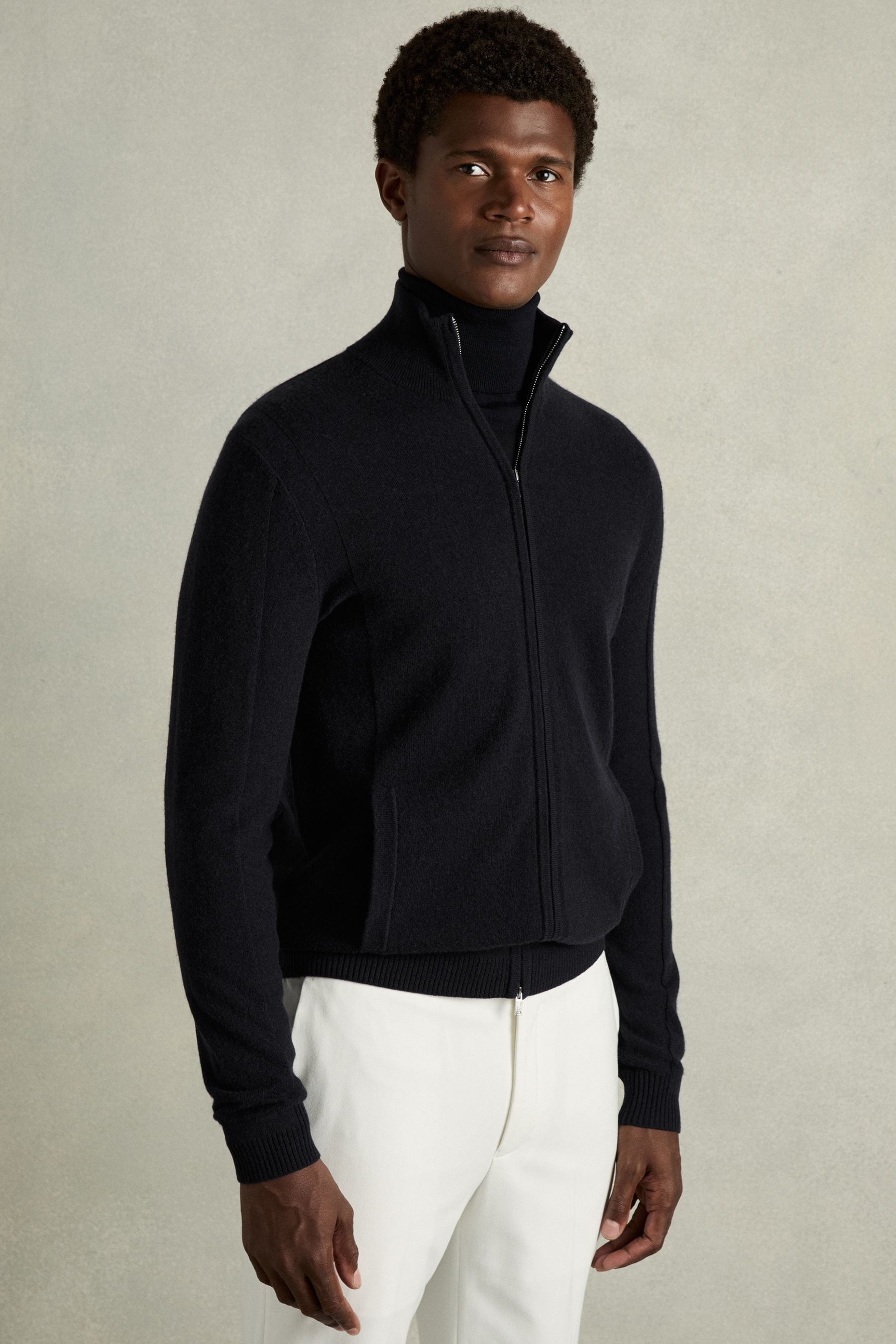 Reiss Navy Splint Wool-cashmere Zip-through Funnel-neck Cardigan In Navy