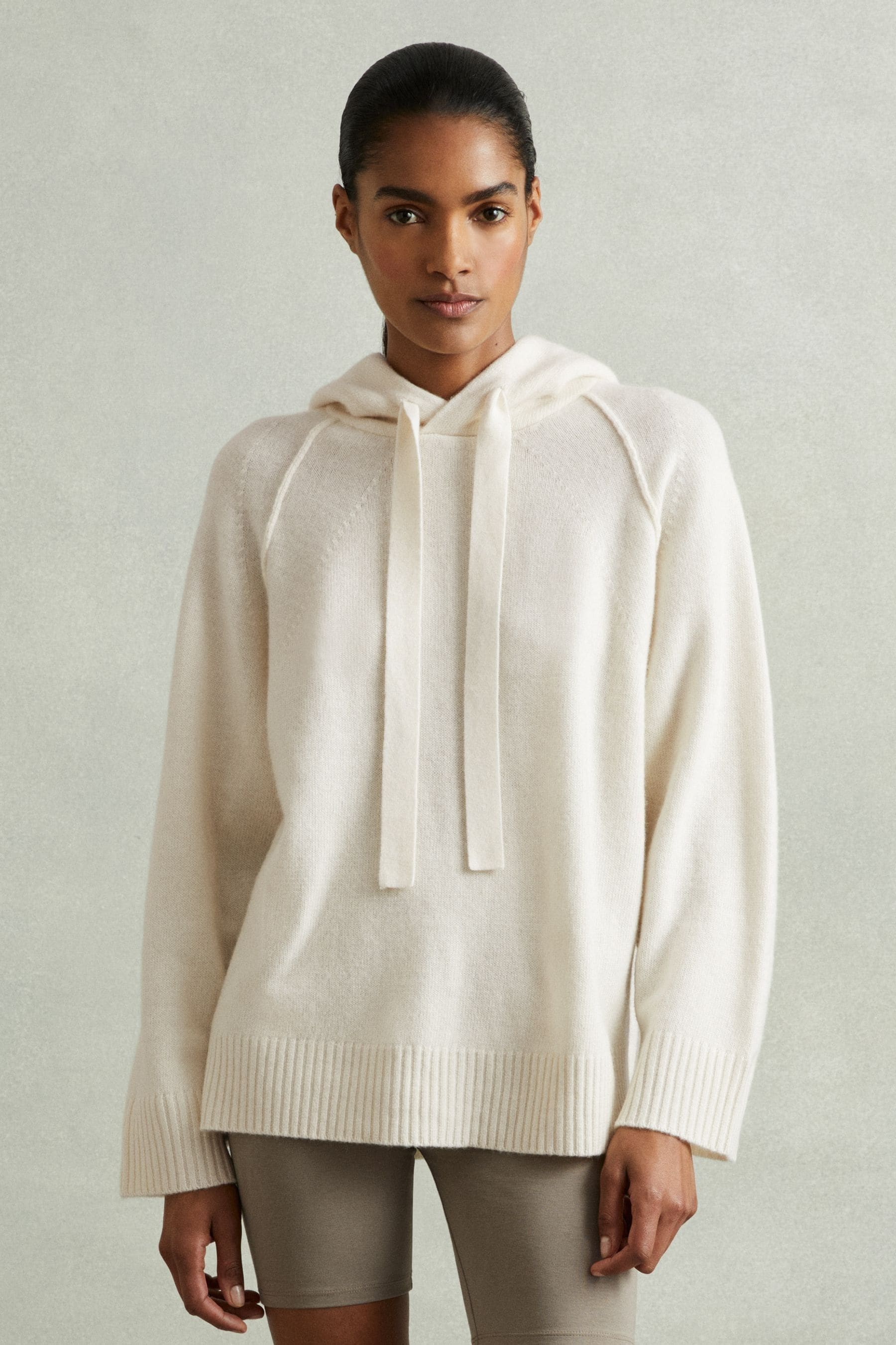 REISS CREAM CHARLIE WOOL-CASHMERE DRAWSTRING HOODIE