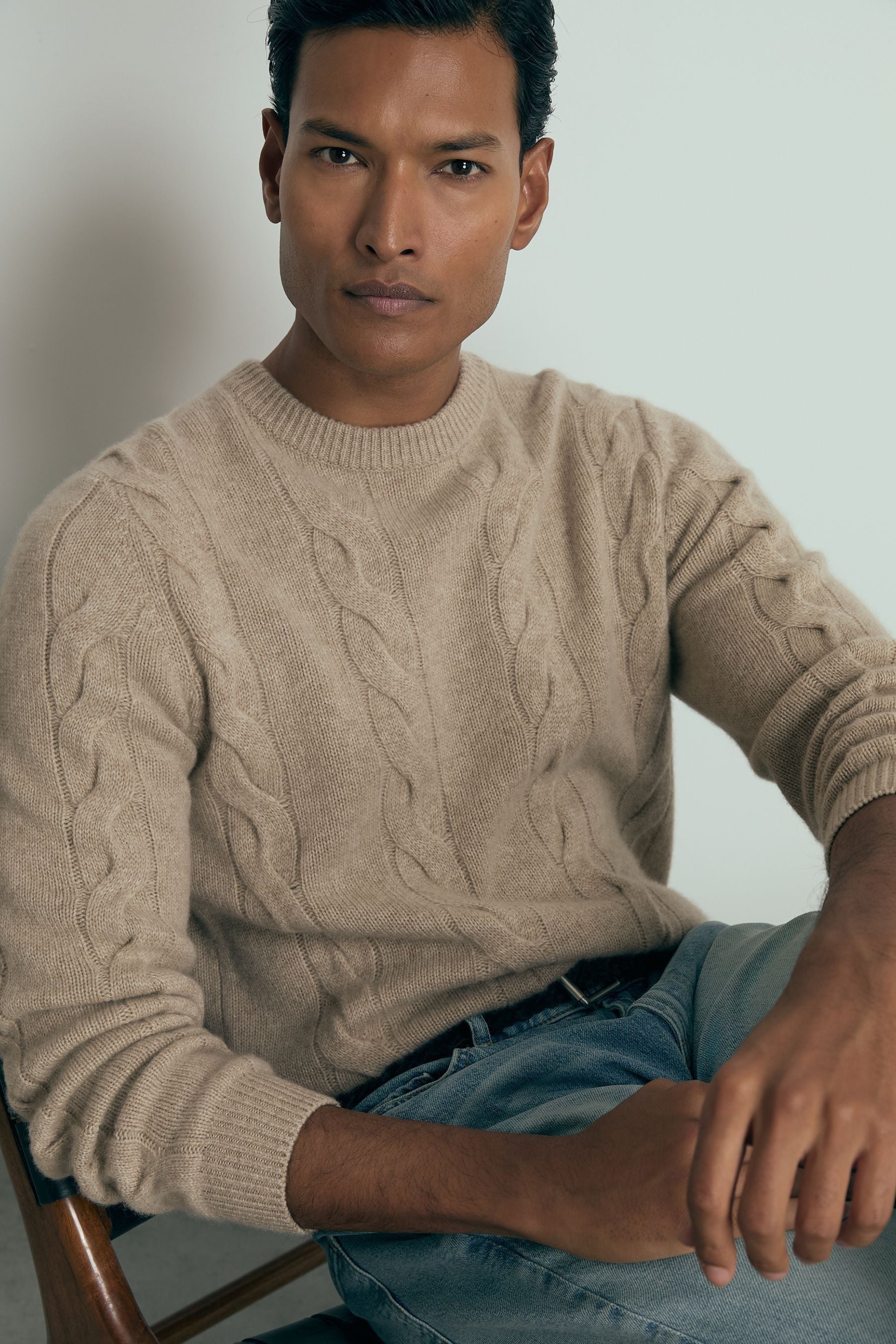 Reiss Oatmeal Melange Atelier Cabled-cashmere Jumper, M