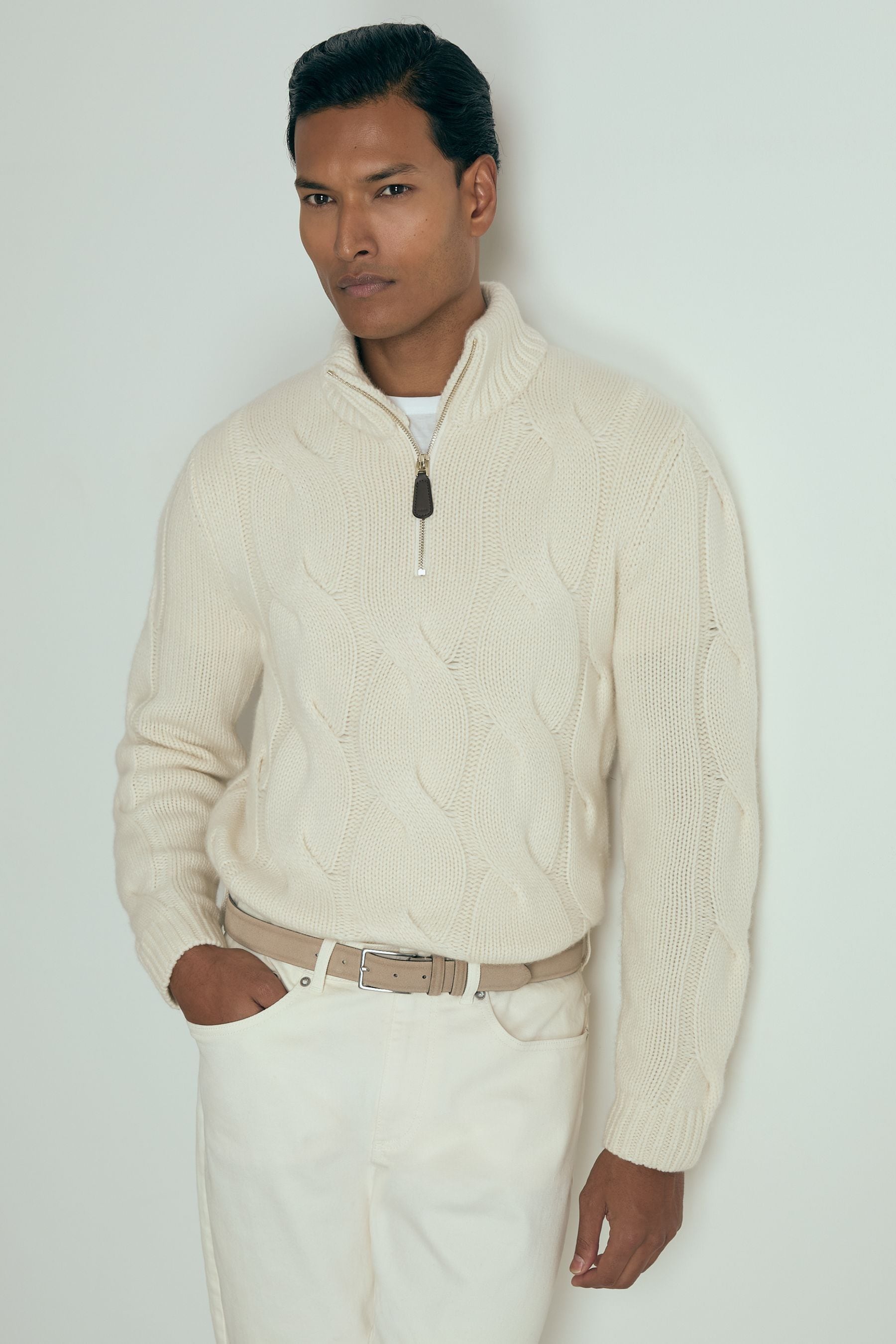 Reiss Broughton Jumper Cashmere Cable Knit, White Size: XL
