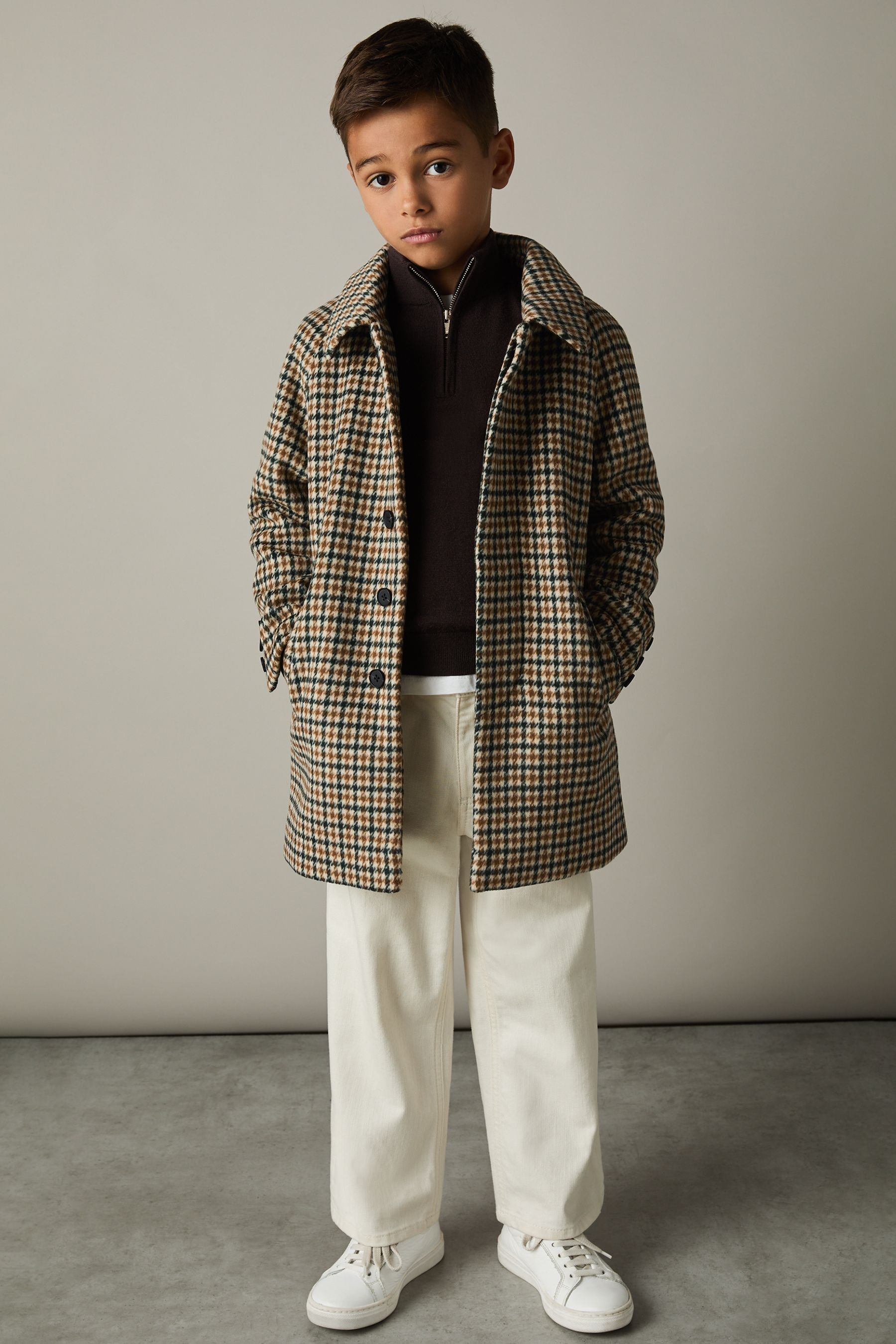 Reiss Brown Multi Wool-blend Shephards Check Coat In Brown Multi