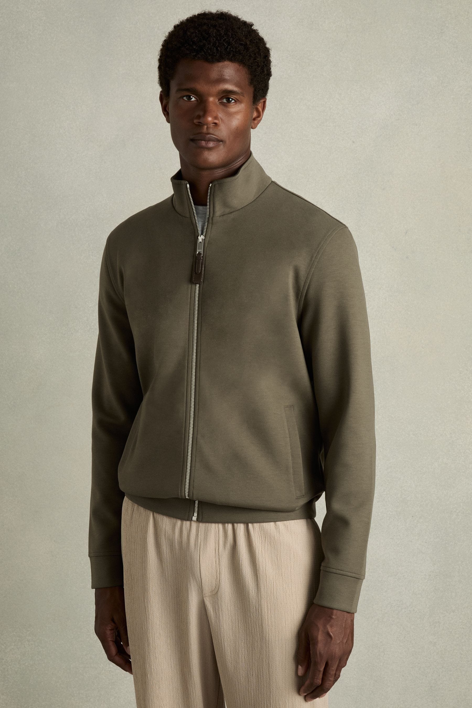 Reiss Sage Green Zipped Interlock-Jersey Jacket, XS