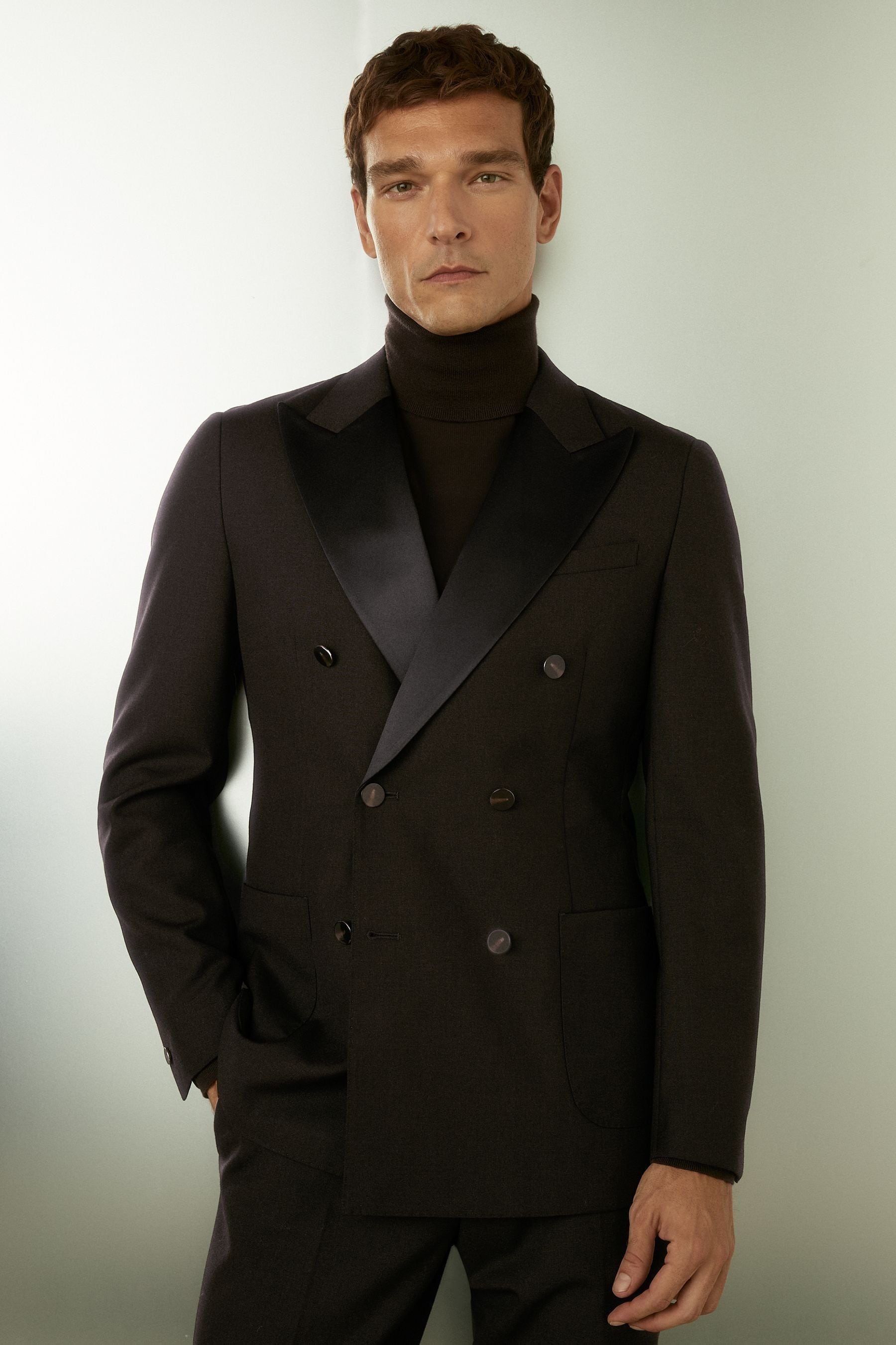 Reiss Brown Double-breasted Tuxedo Jacket In Wool