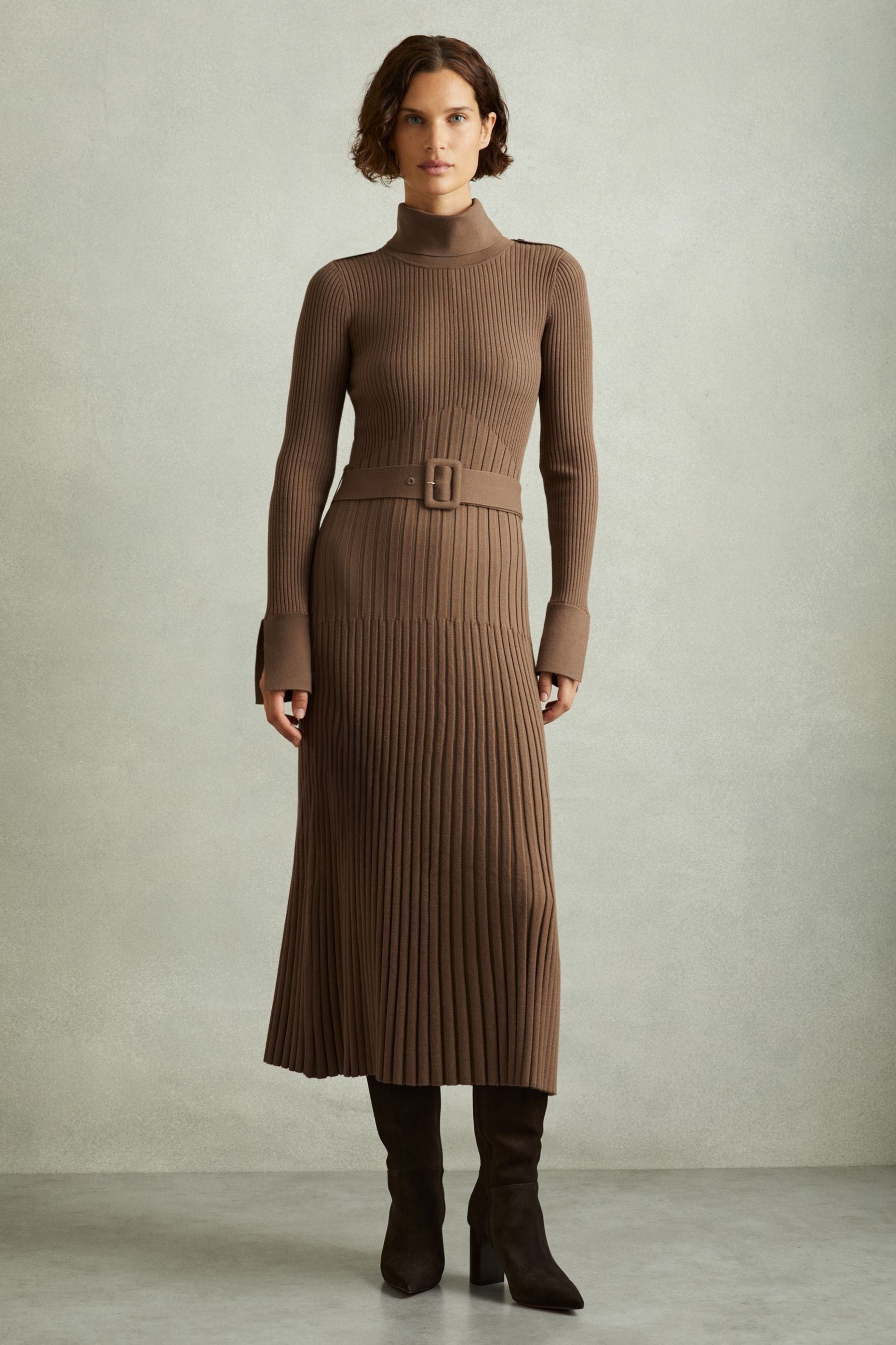 Shop Reiss Mocha Vinette Ribbed Funnel Neck Belted Midi Dress