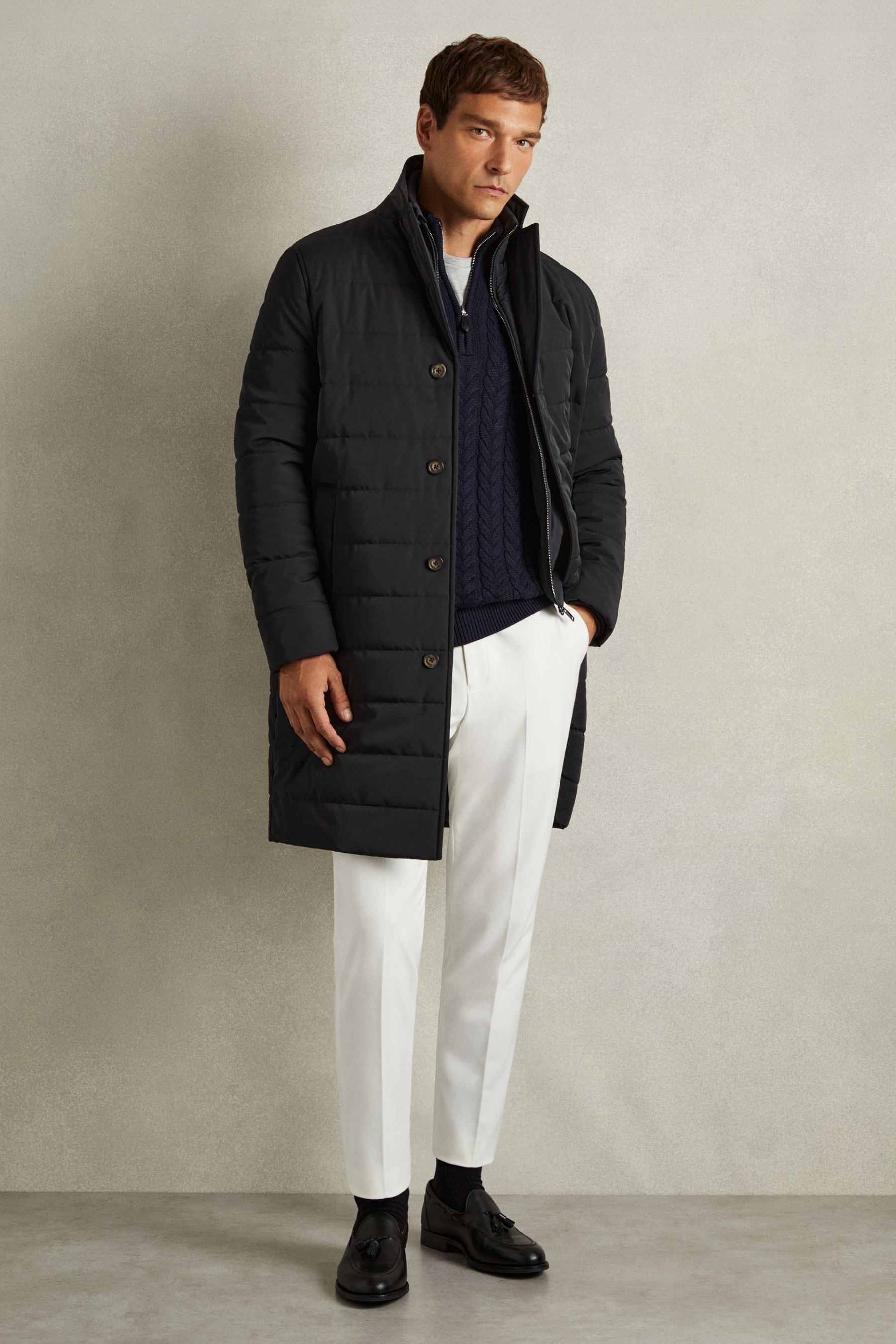 Patrick Navy Longline Quilted Shell Coat With Inner Gilet 348.00 One New Change