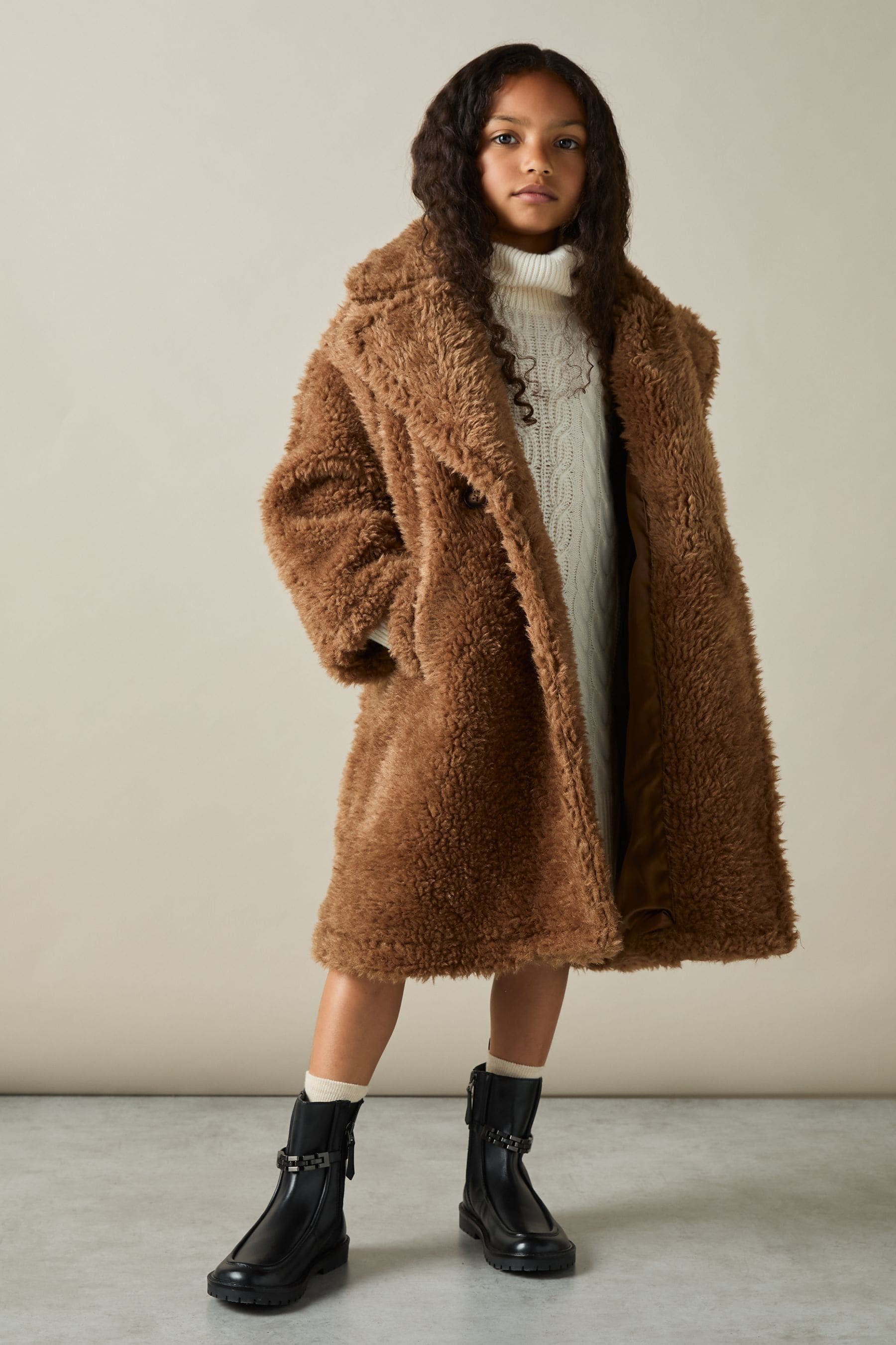 Shop Reiss Brown Darla 9-13 Yrs Longline Teddy Coat With Wool