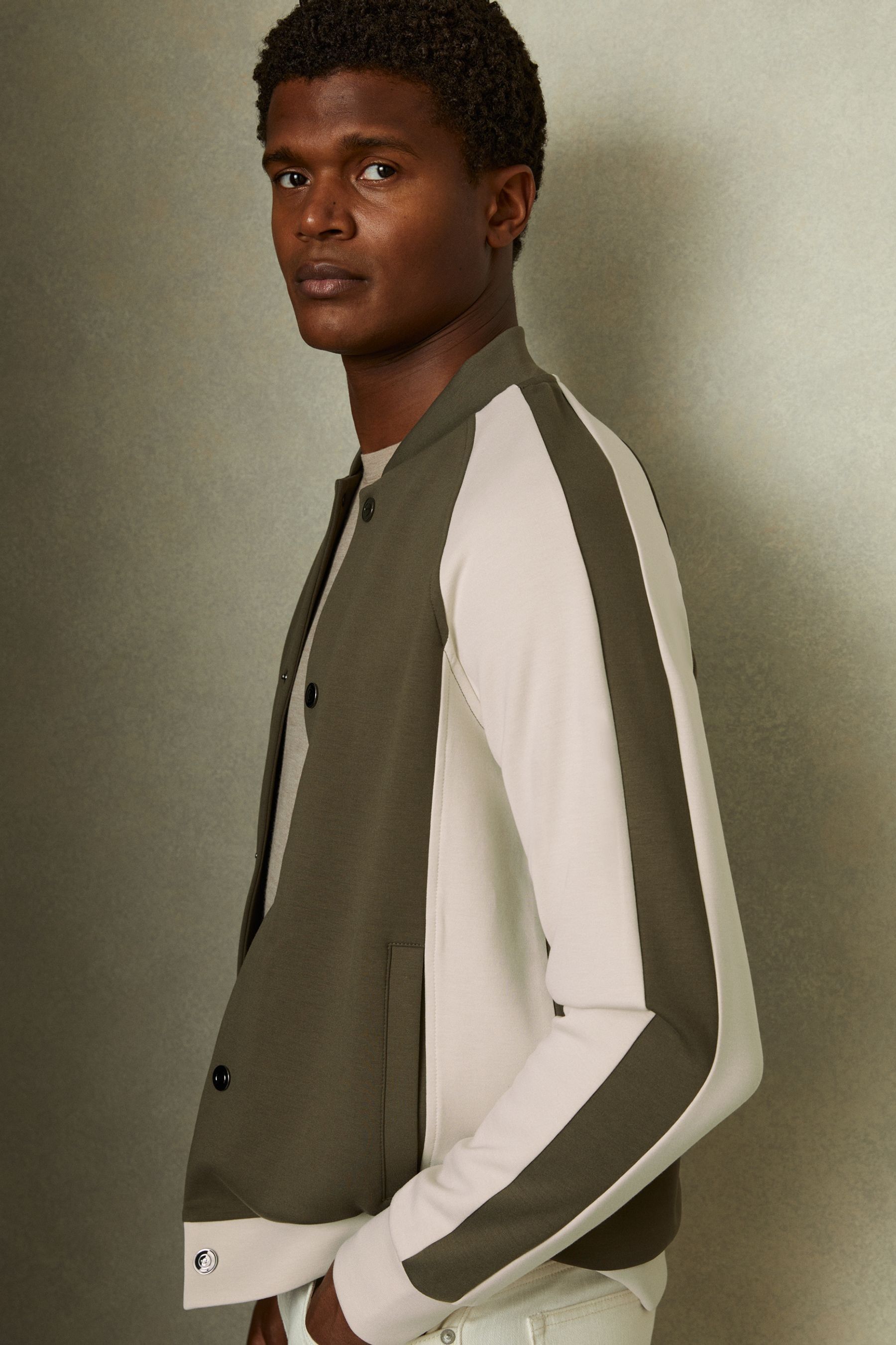 Reiss Sage Green/Off White Colourblock Jersey Varsity Jacket, Xxl